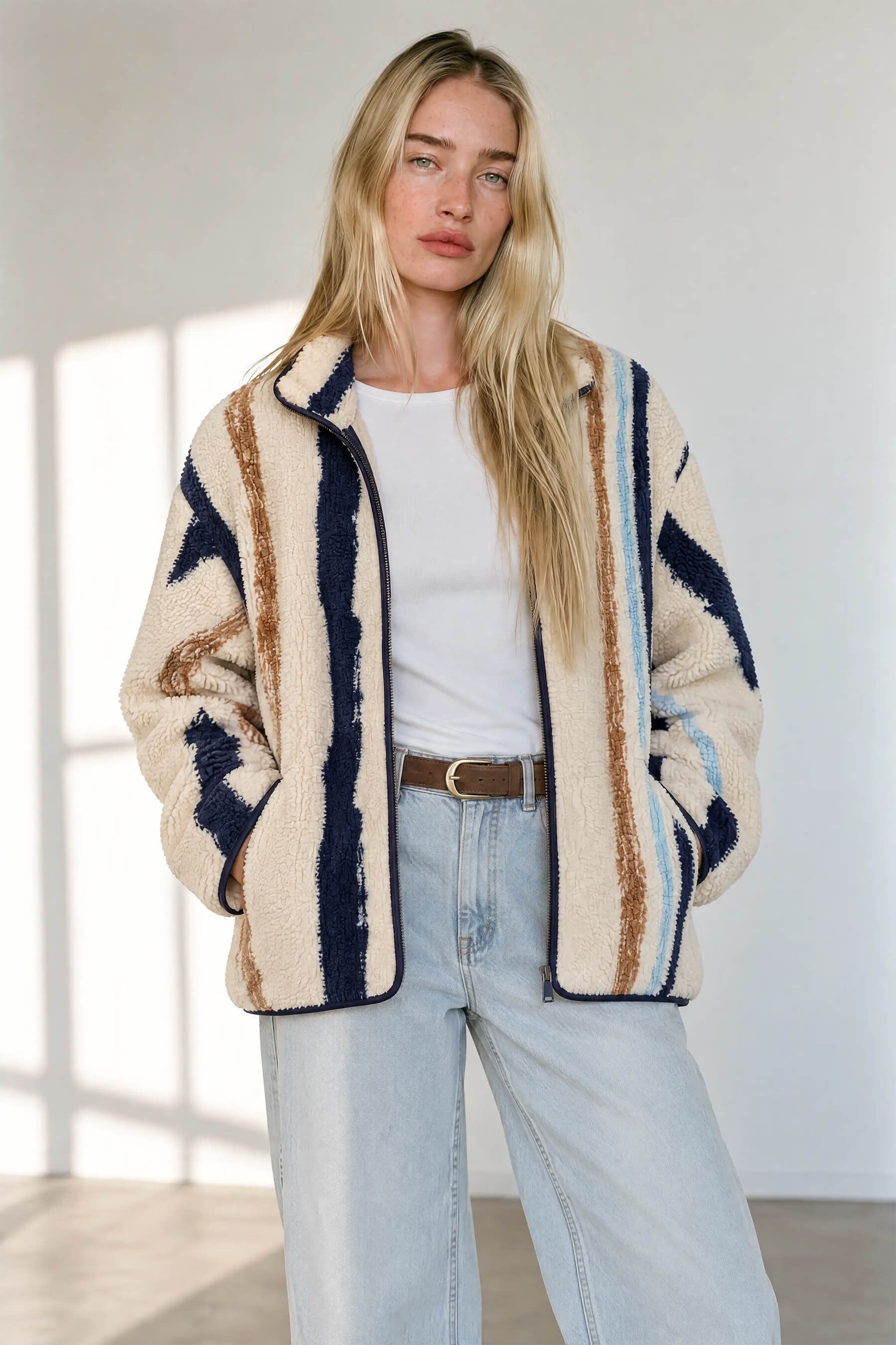 Ekru Lacivert Kahve Desenli Fermuarlı Oversize Peluş Sweatshirt