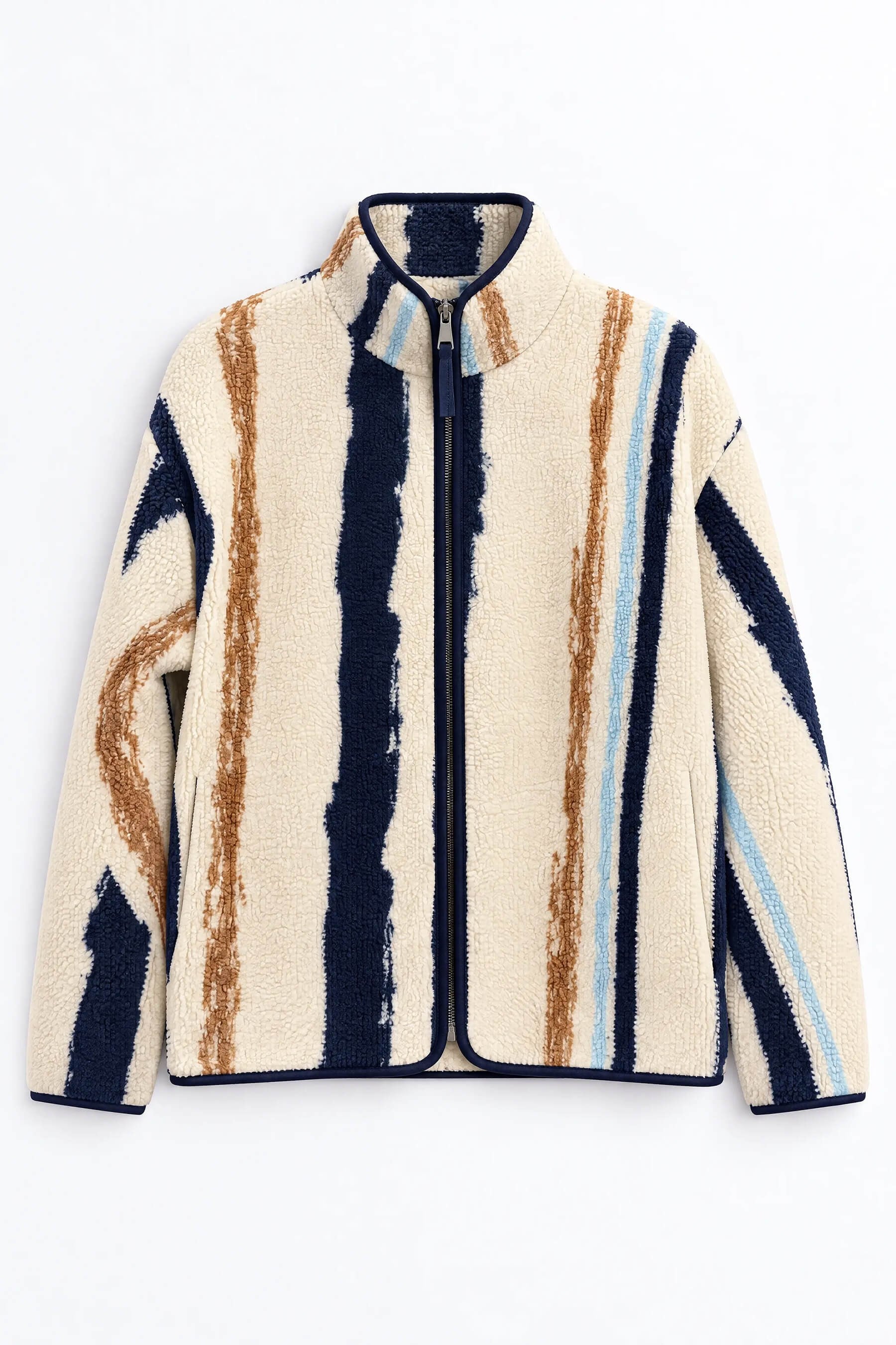 Ekru Lacivert Kahve Desenli Fermuarlı Oversize Peluş Sweatshirt