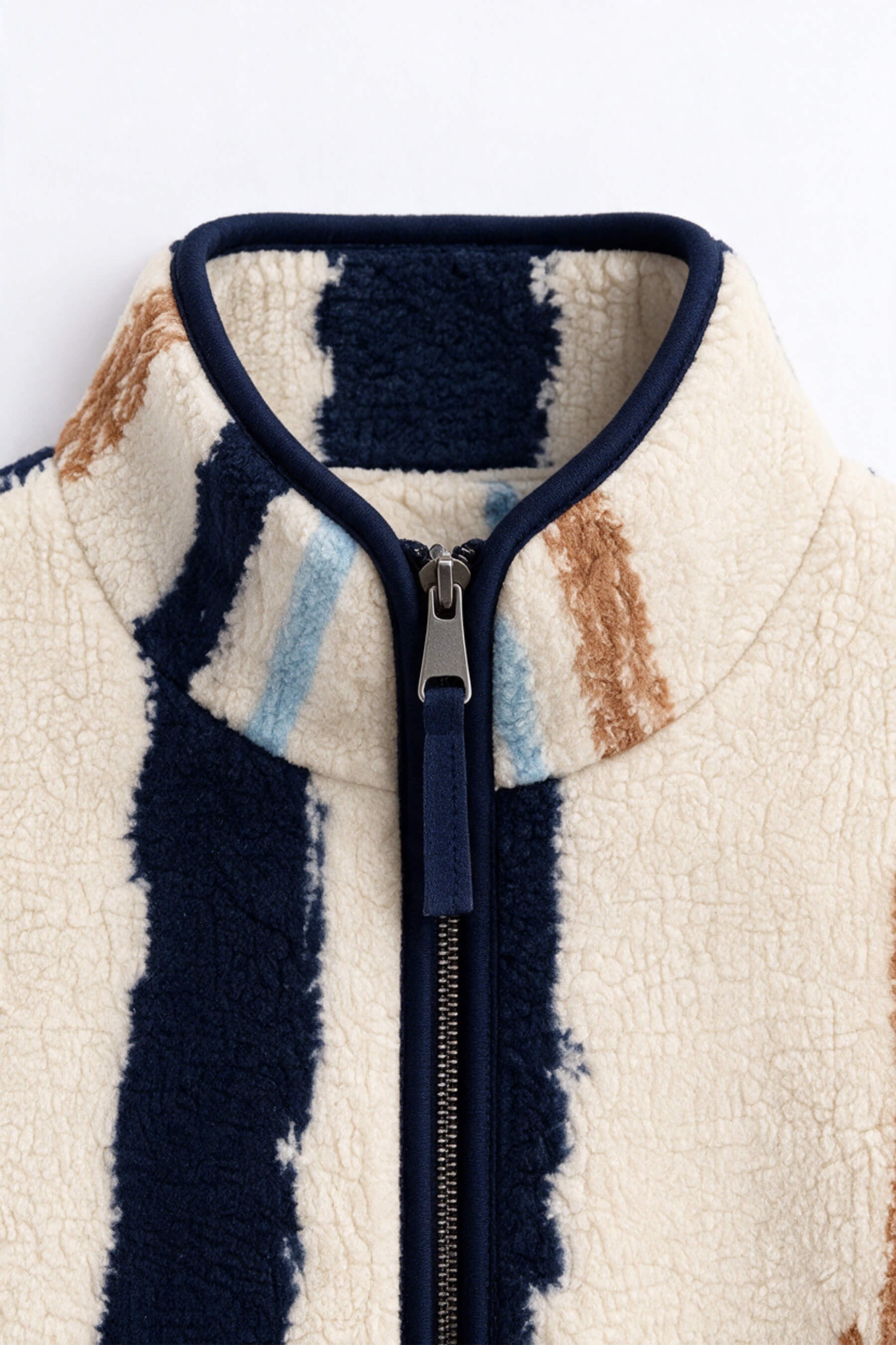 Ekru Lacivert Kahve Desenli Fermuarlı Oversize Peluş Sweatshirt