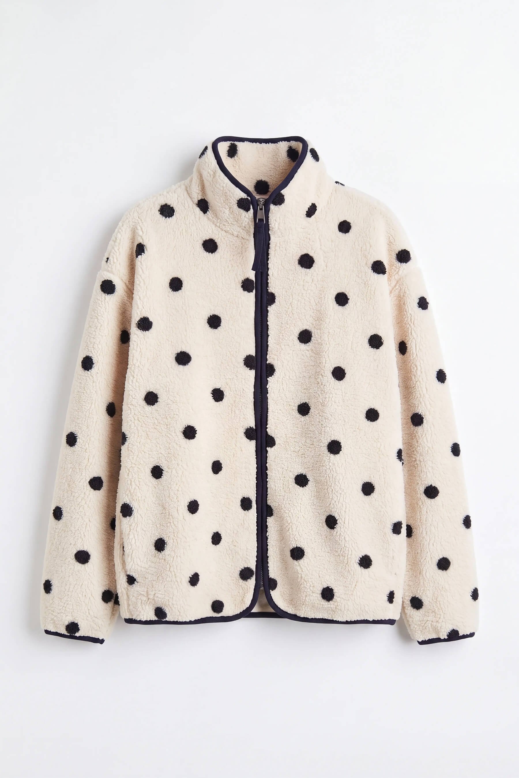 Ekru Lacivert Puantiyeli Fermuarlı Oversize Peluş Sweatshirt