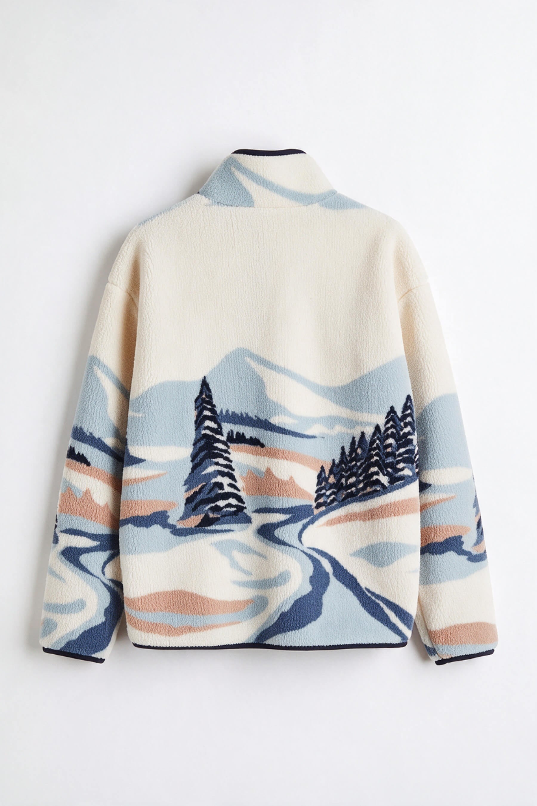 Ekru Mavi Lacivert Kış Desenli Ağaçlı Fermuarlı Oversize Peluş Sweatshirt