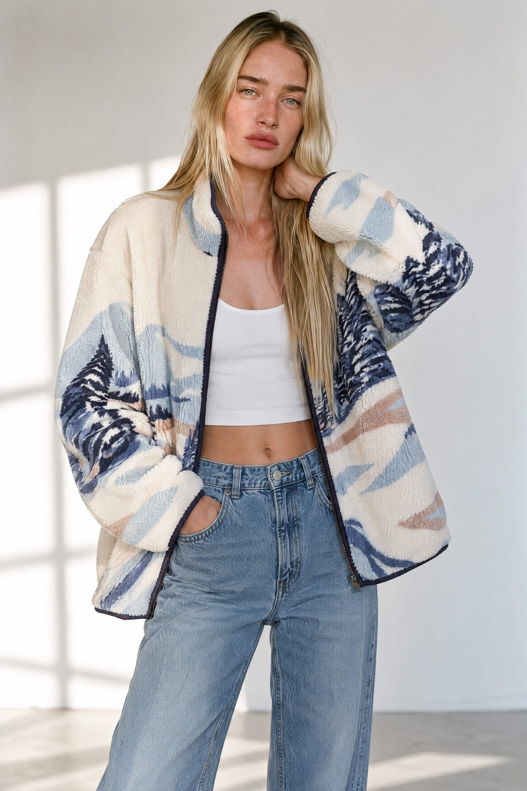 Ekru Mavi Lacivert Kış Desenli Ağaçlı Fermuarlı Oversize Peluş Sweatshirt