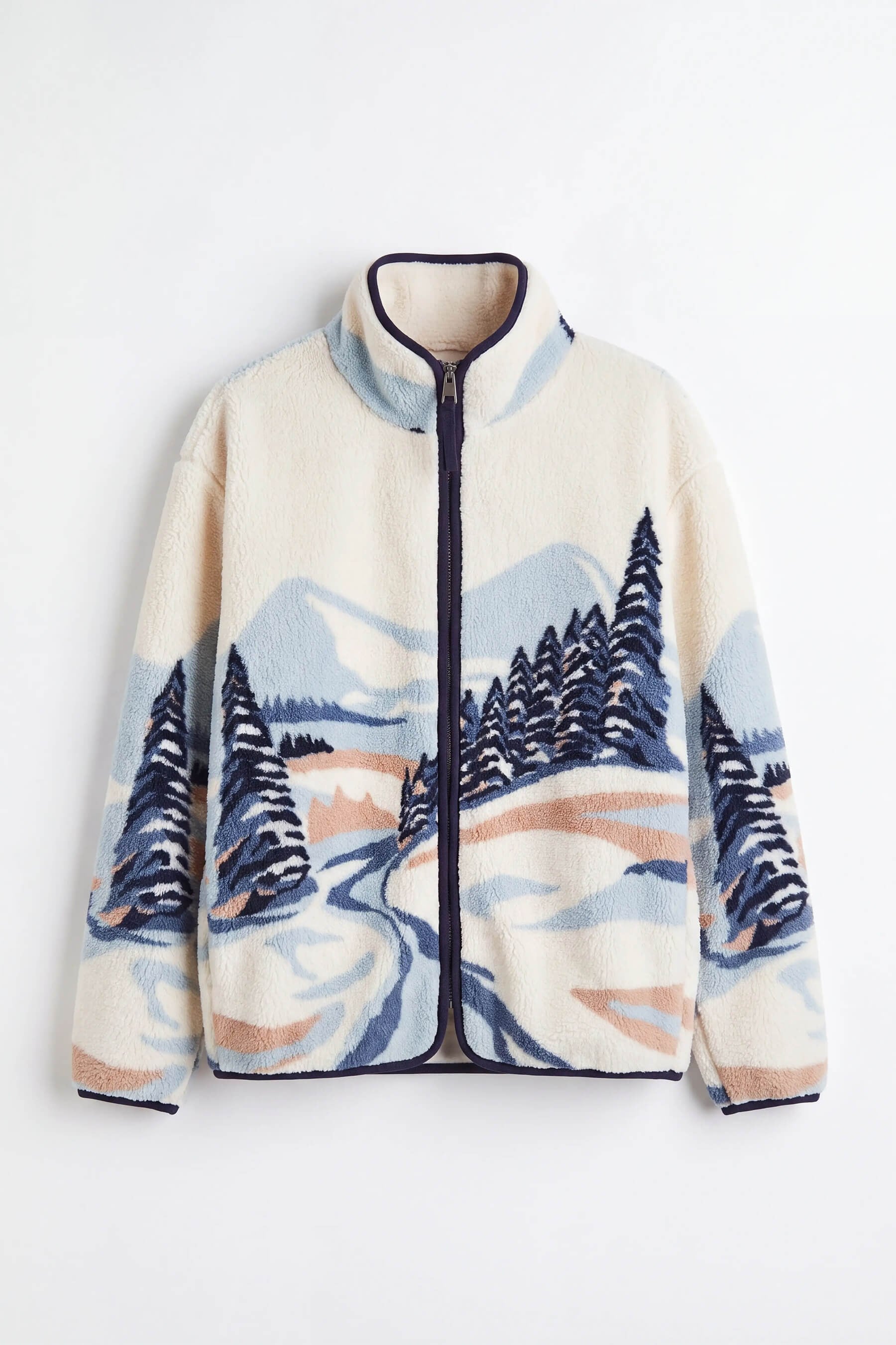 Ekru Mavi Lacivert Kış Desenli Ağaçlı Fermuarlı Oversize Peluş Sweatshirt