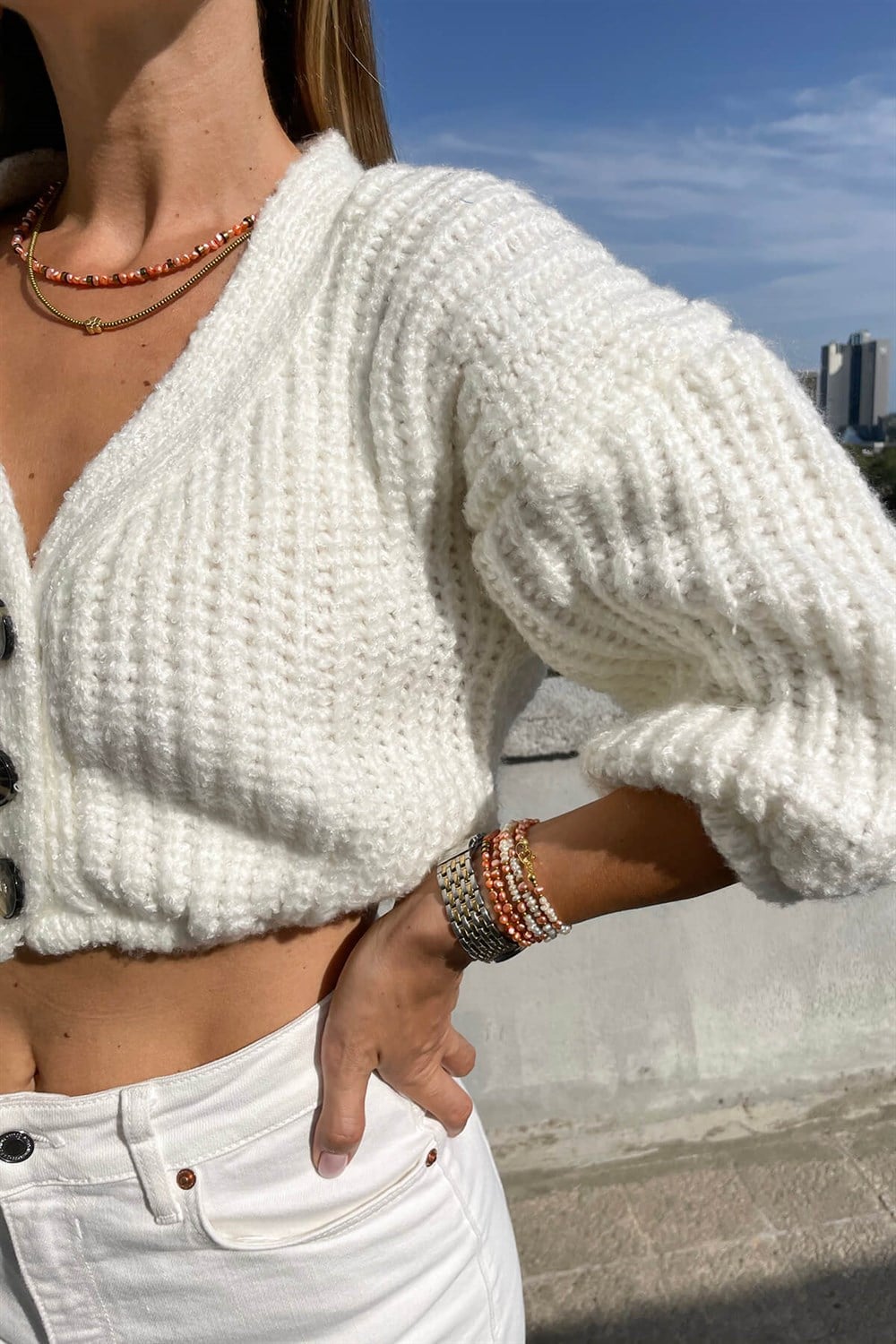 Ekru Örme Crop Hırka