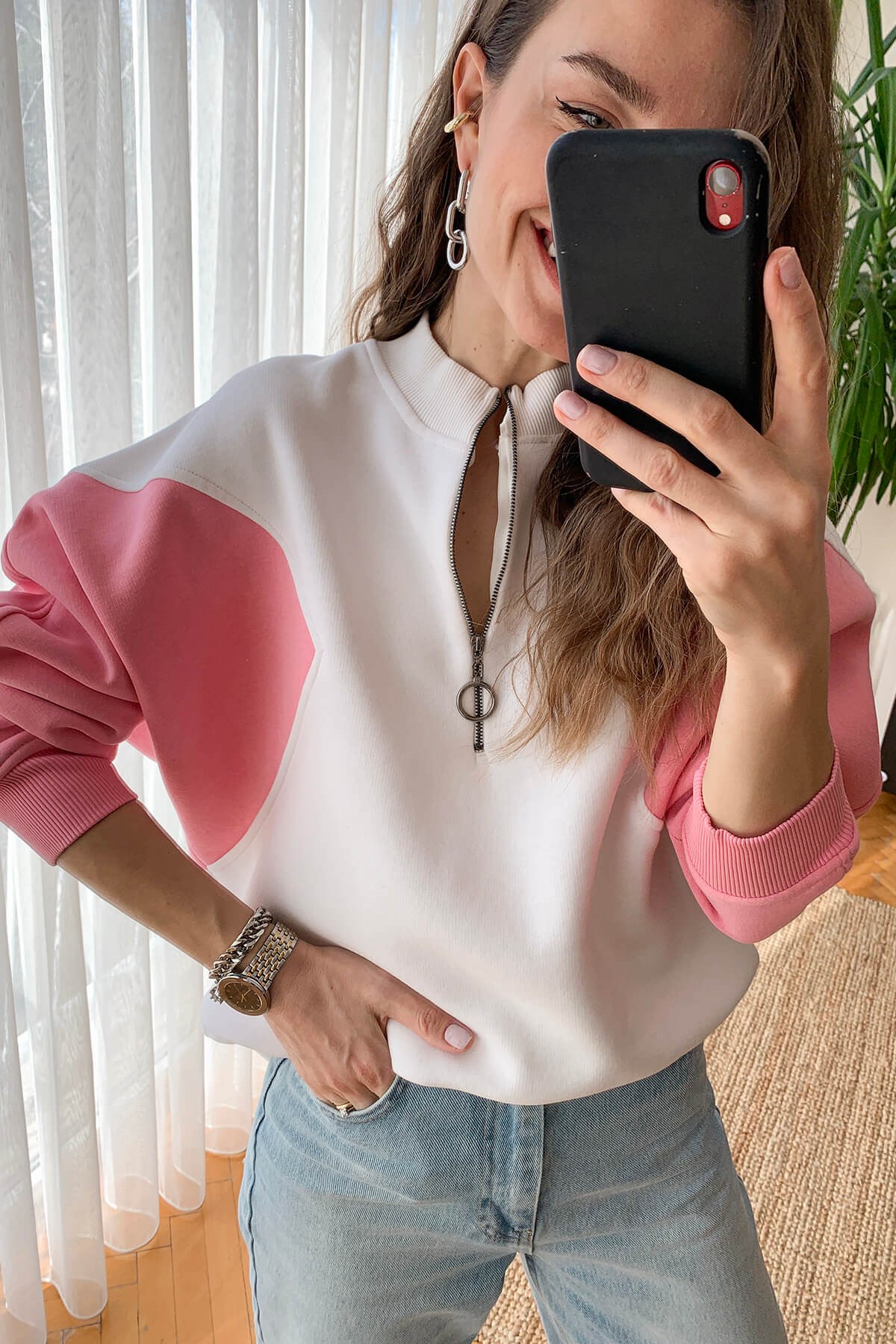 Ekru Pembe Fermuarlı Sweatshirt