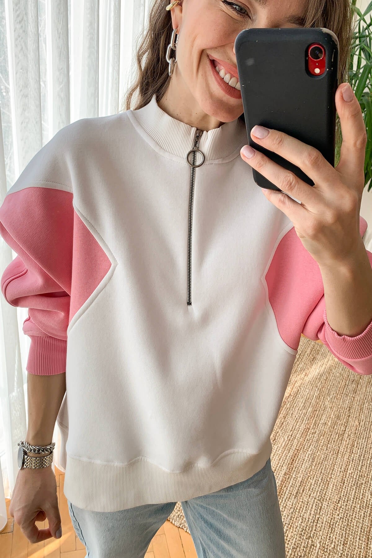 Ekru Pembe Fermuarlı Sweatshirt