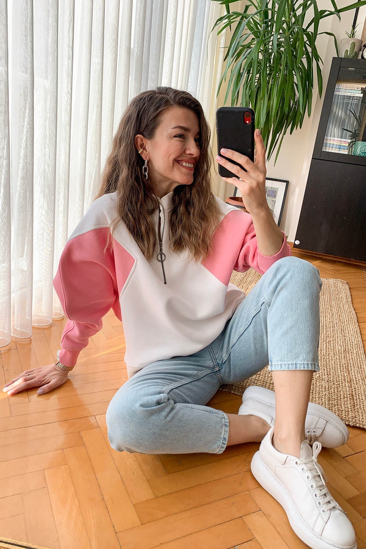 Ekru Pembe Fermuarlı Sweatshirt