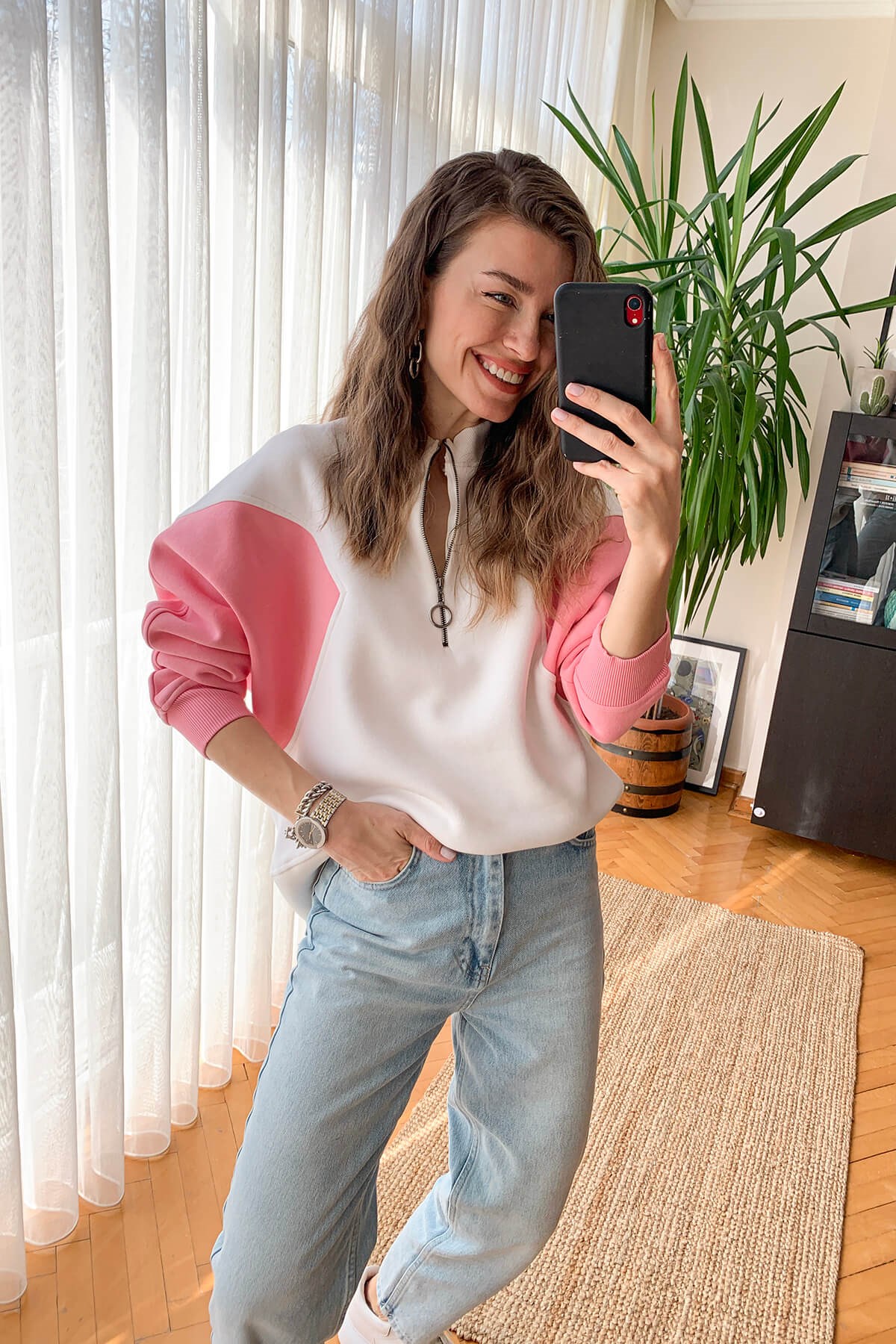 Ekru Pembe Fermuarlı Sweatshirt