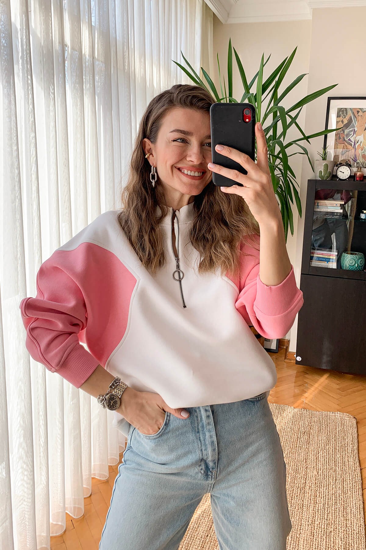 Ekru Pembe Fermuarlı Sweatshirt