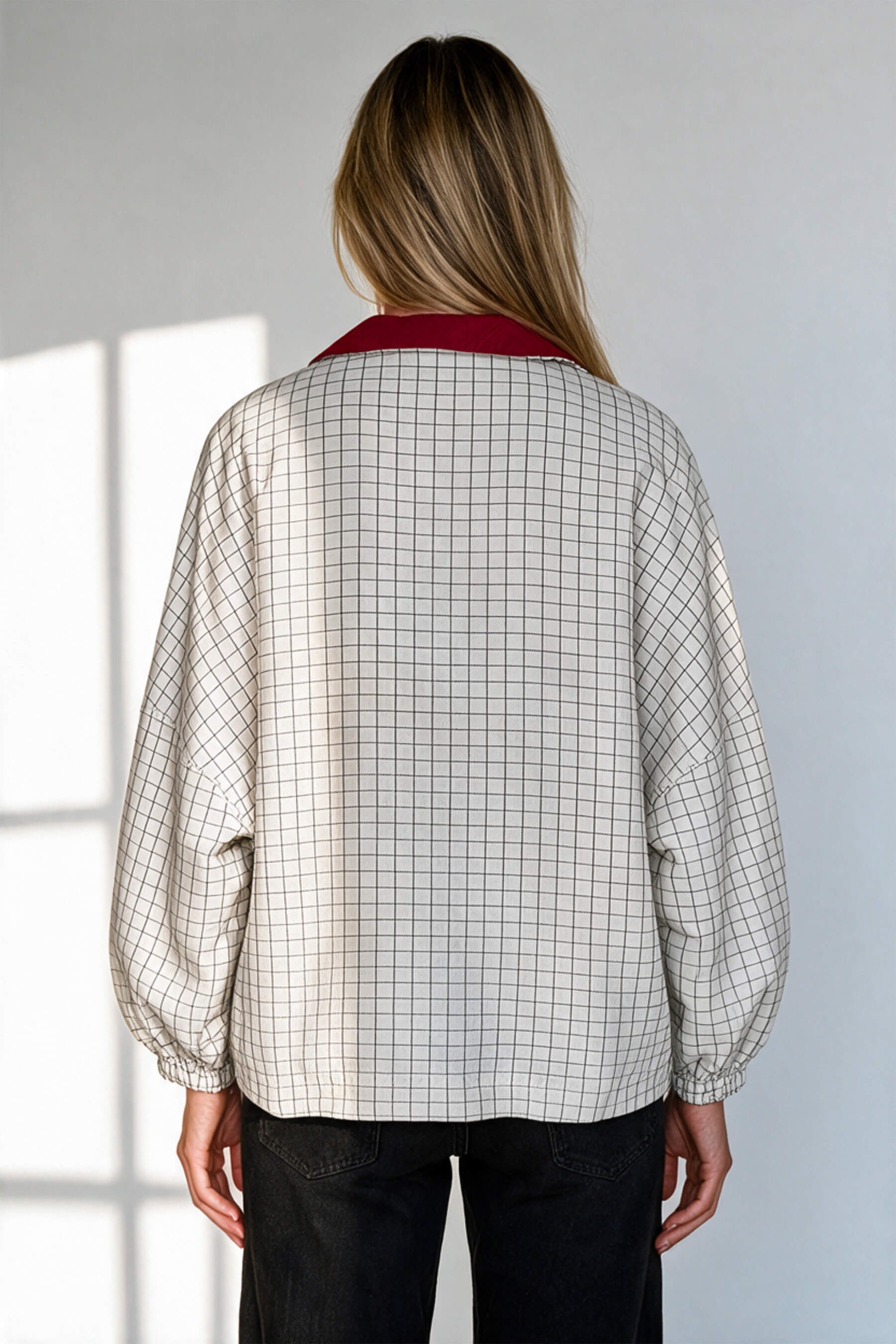 Ekru Siyah Kareli Dik Yaka Oversize Ceket