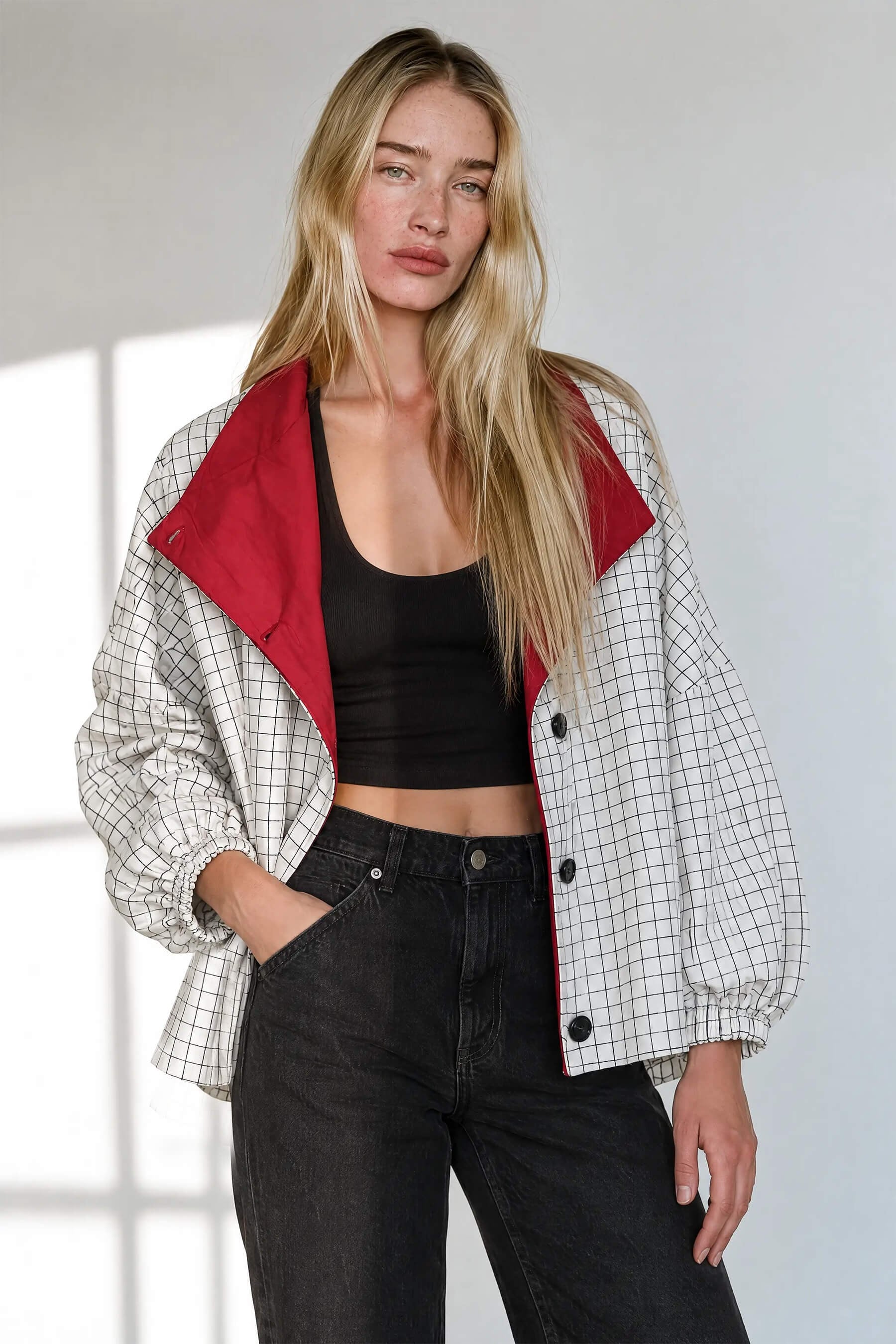 Ekru Siyah Kareli Dik Yaka Oversize Ceket