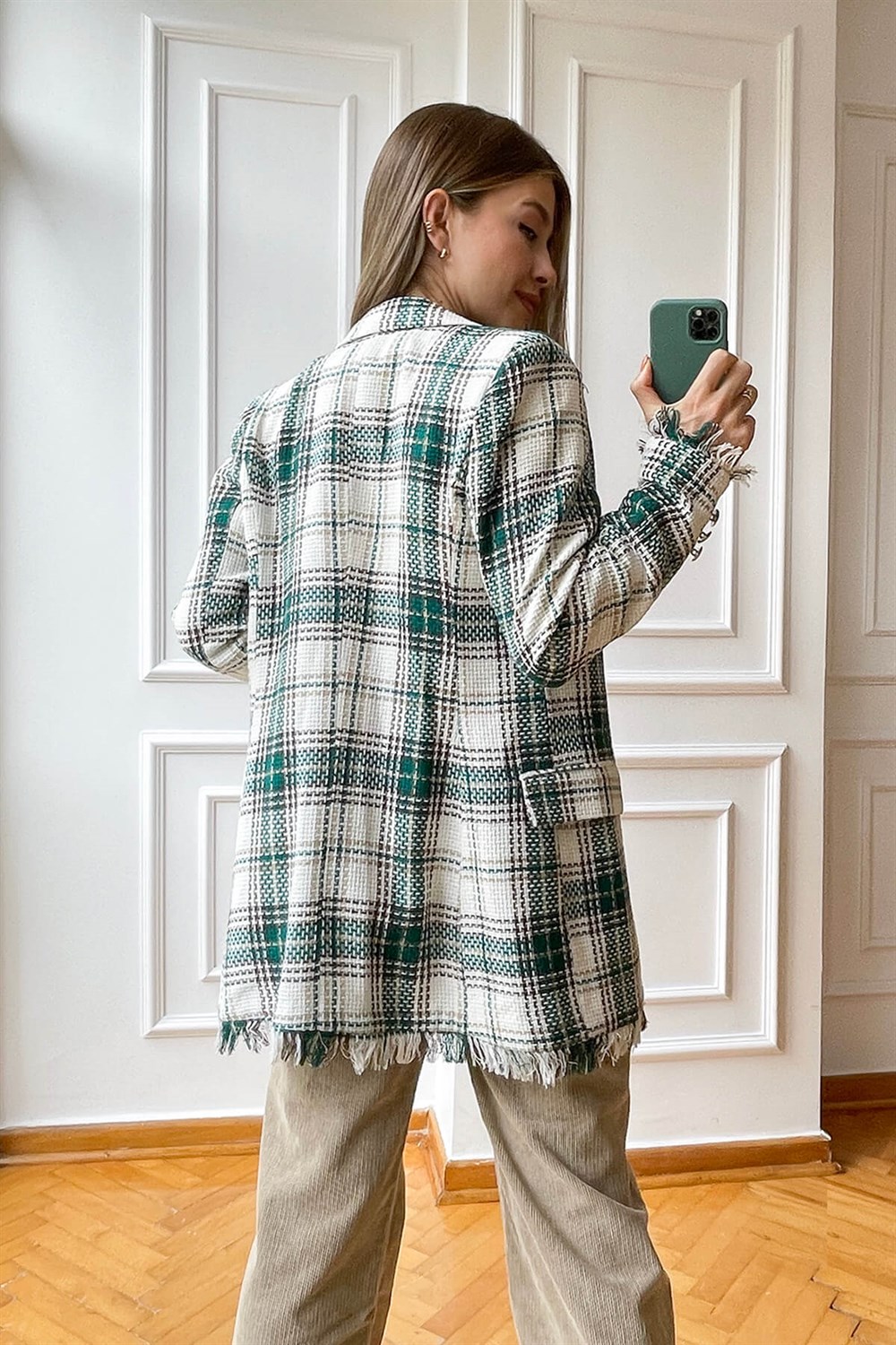 Ekru Yeşil Püsküllü Blazer Ceket