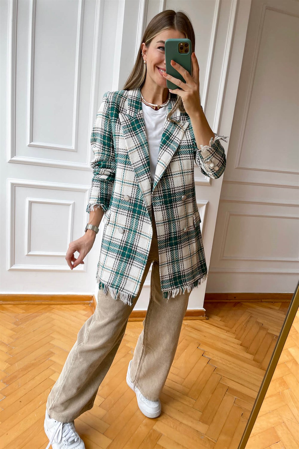 Ekru Yeşil Püsküllü Blazer Ceket