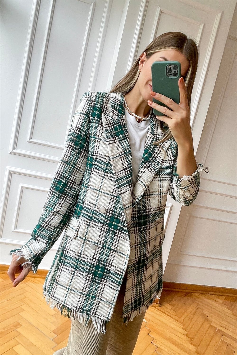 Ekru Yeşil Püsküllü Blazer Ceket