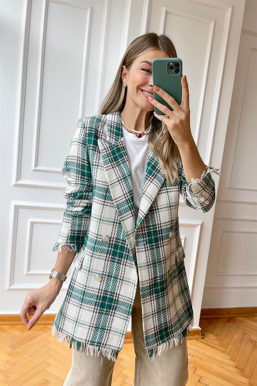 Ekru Yeşil Püsküllü Blazer Ceket