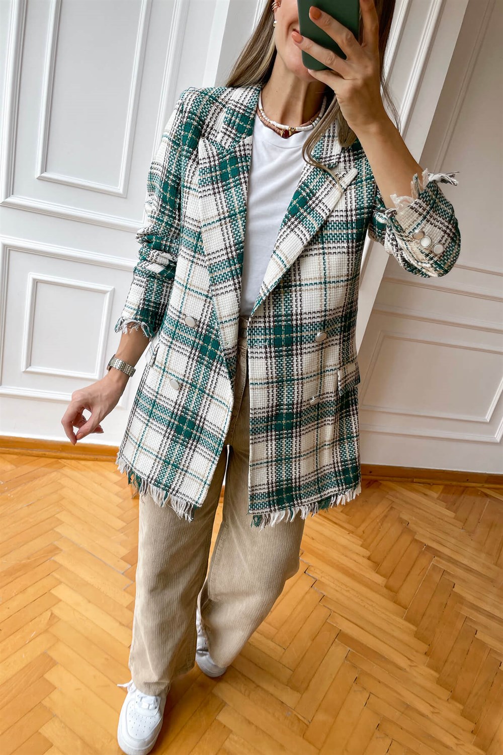 Ekru Yeşil Püsküllü Blazer Ceket