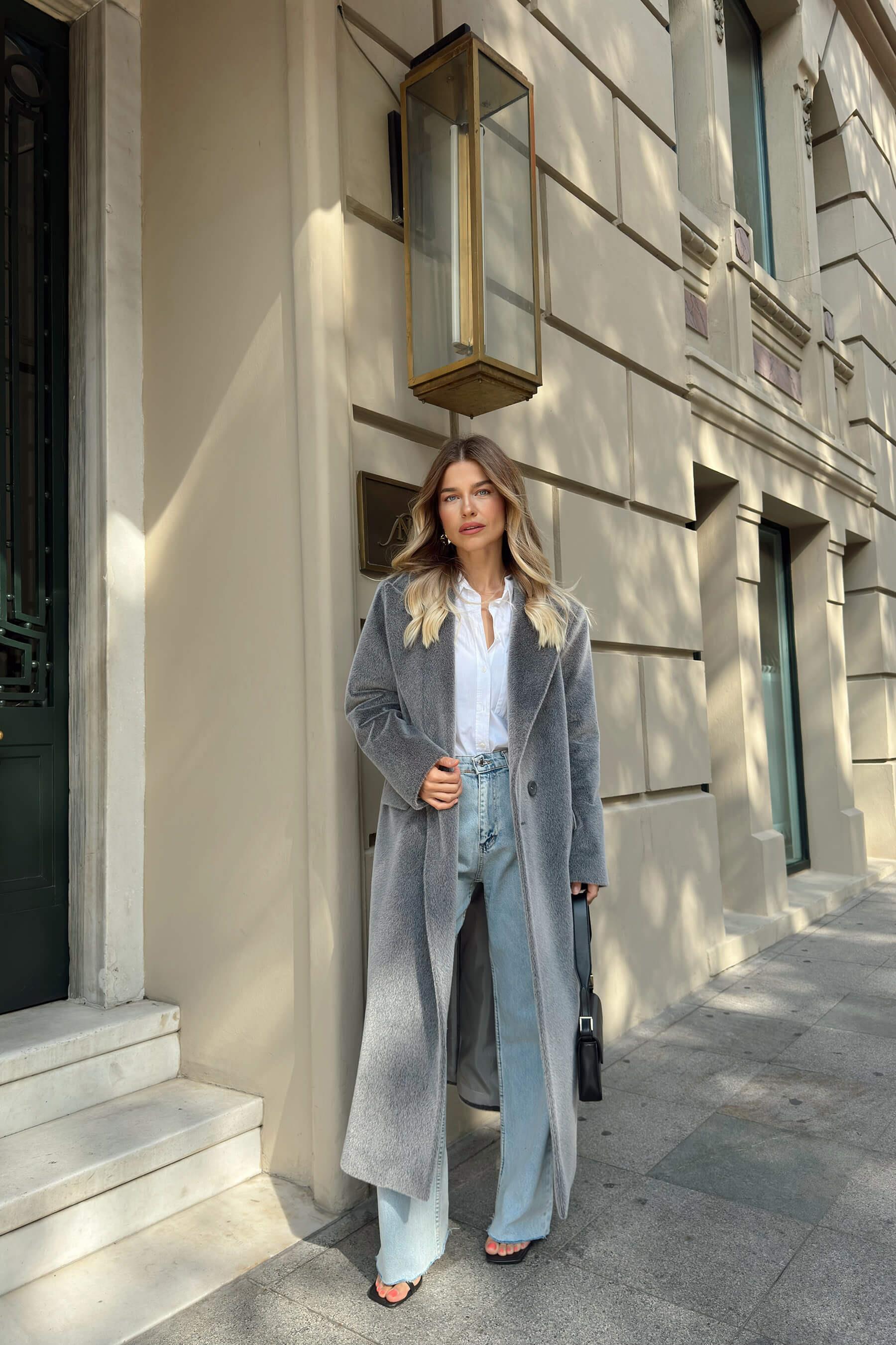 Füme Astarlı Cepli Dokulu Premium Oversize Kaban