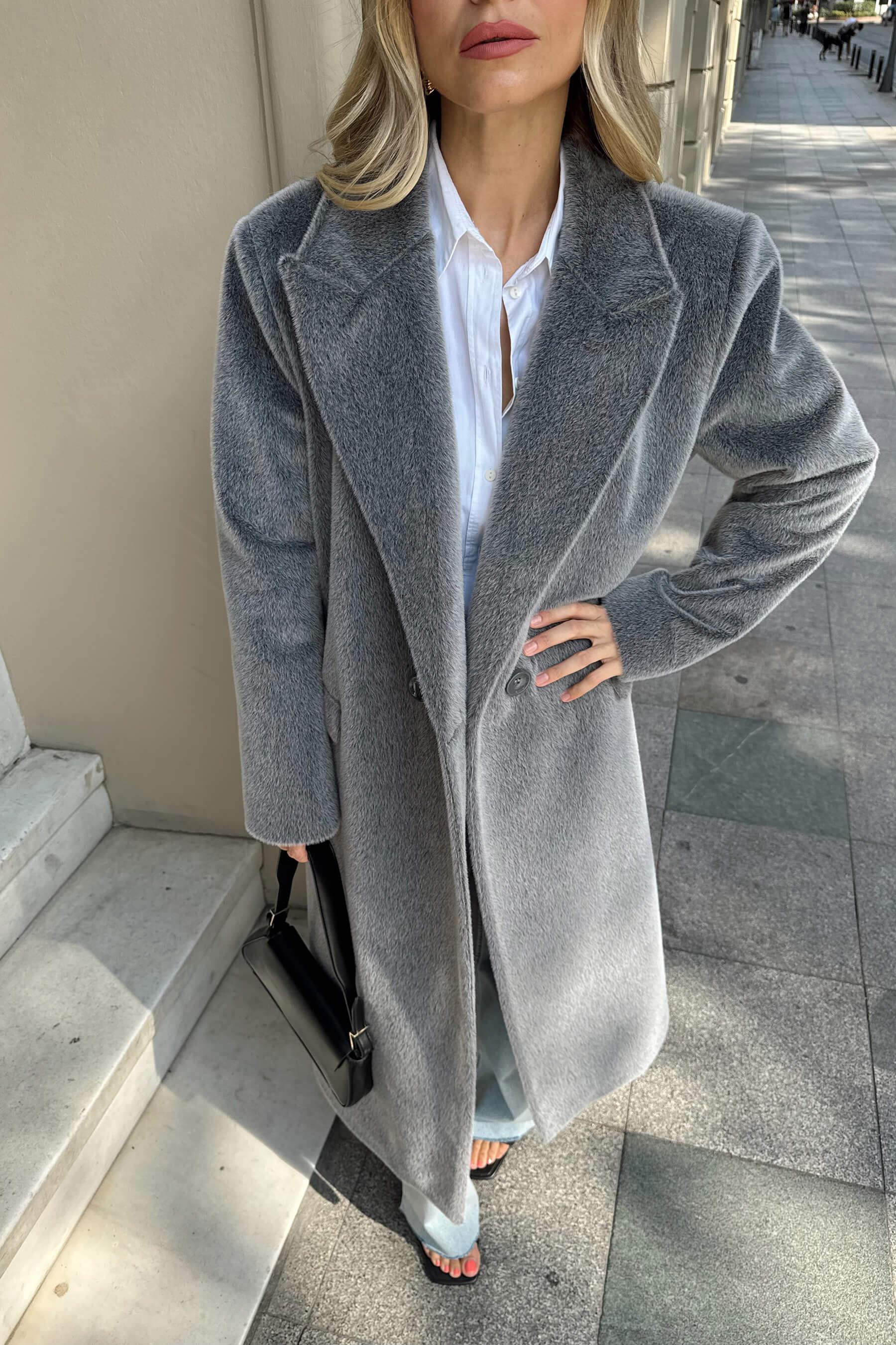Füme Astarlı Cepli Dokulu Premium Oversize Kaban