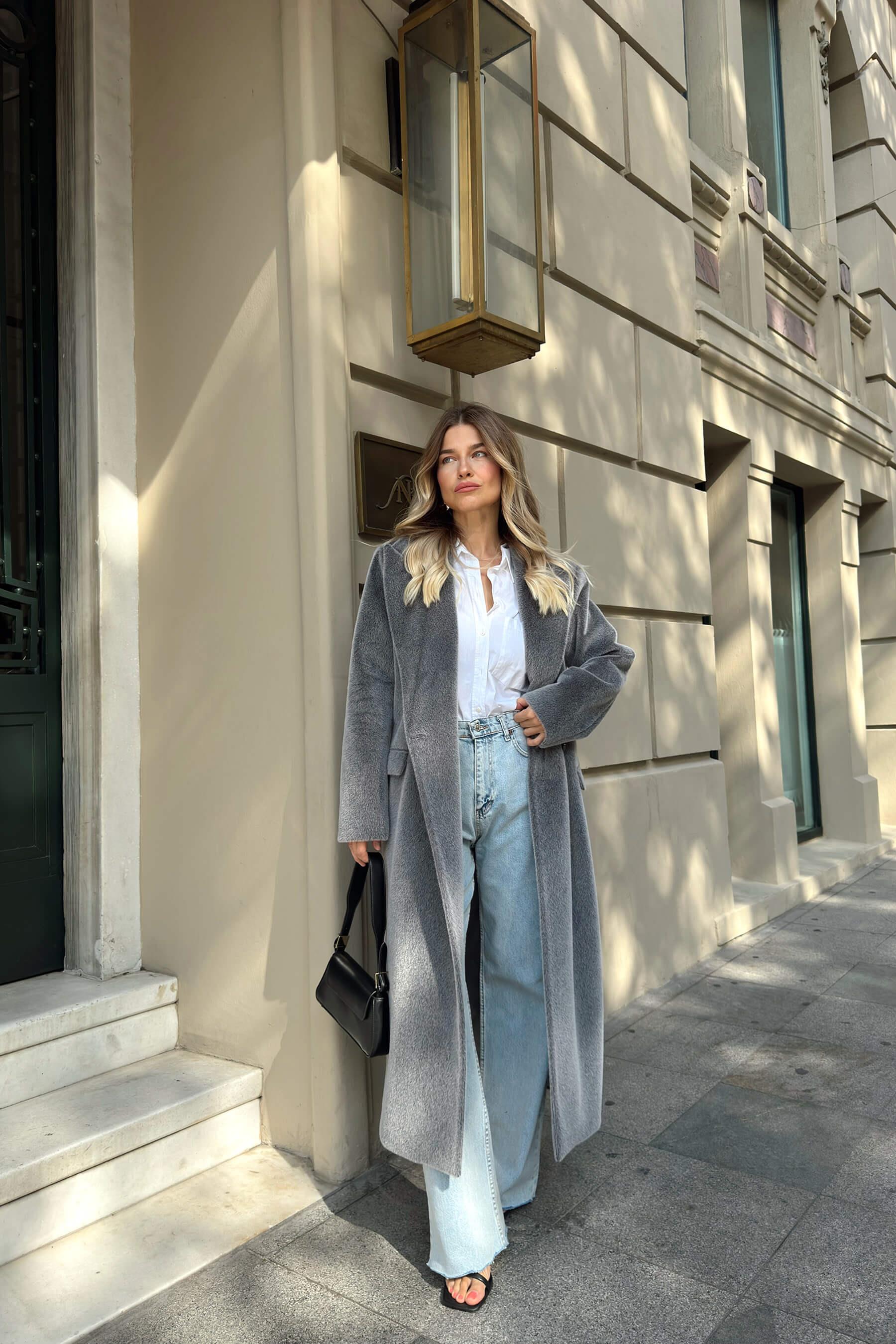 Füme Astarlı Cepli Dokulu Premium Oversize Kaban