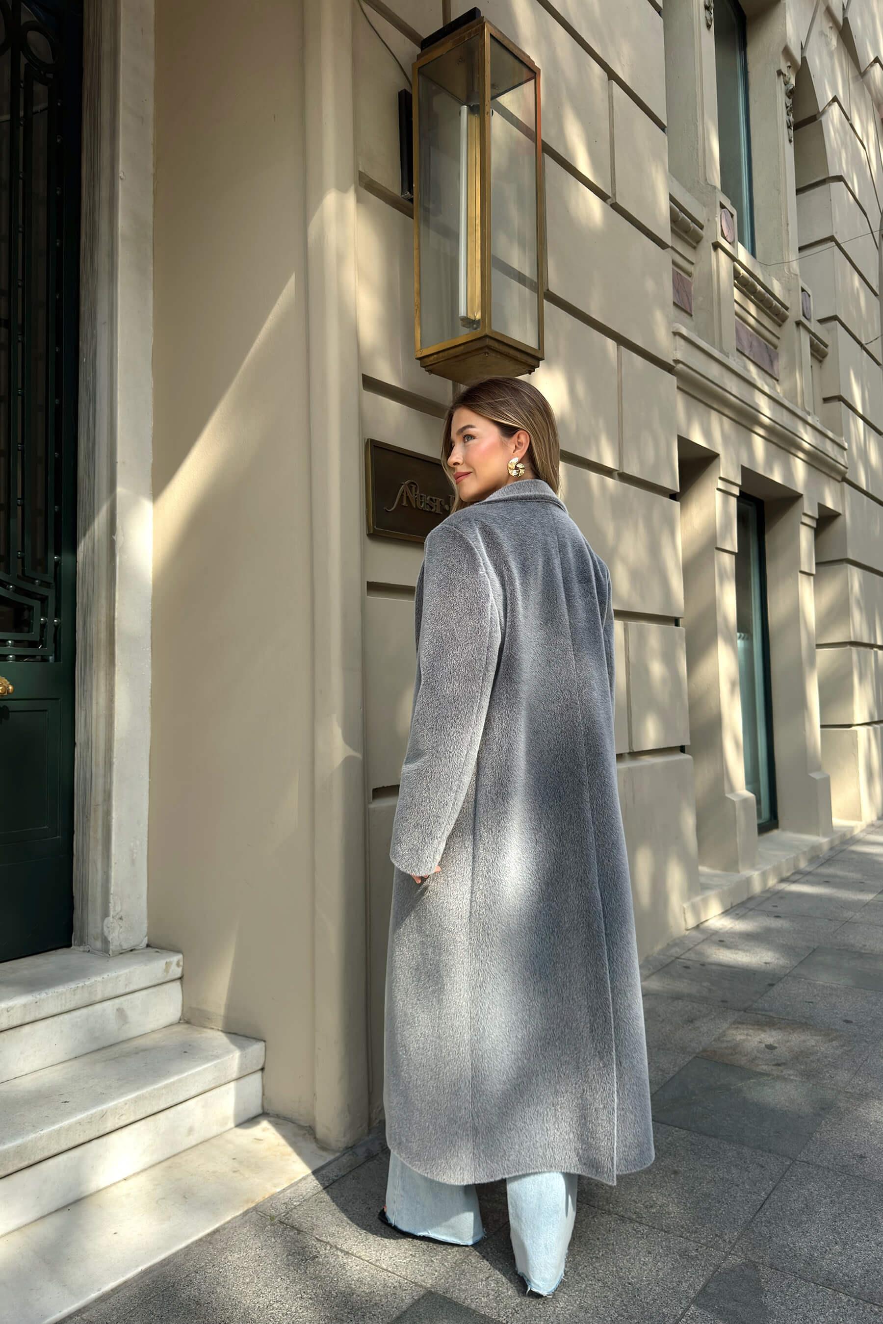 Füme Astarlı Cepli Dokulu Premium Oversize Kaban