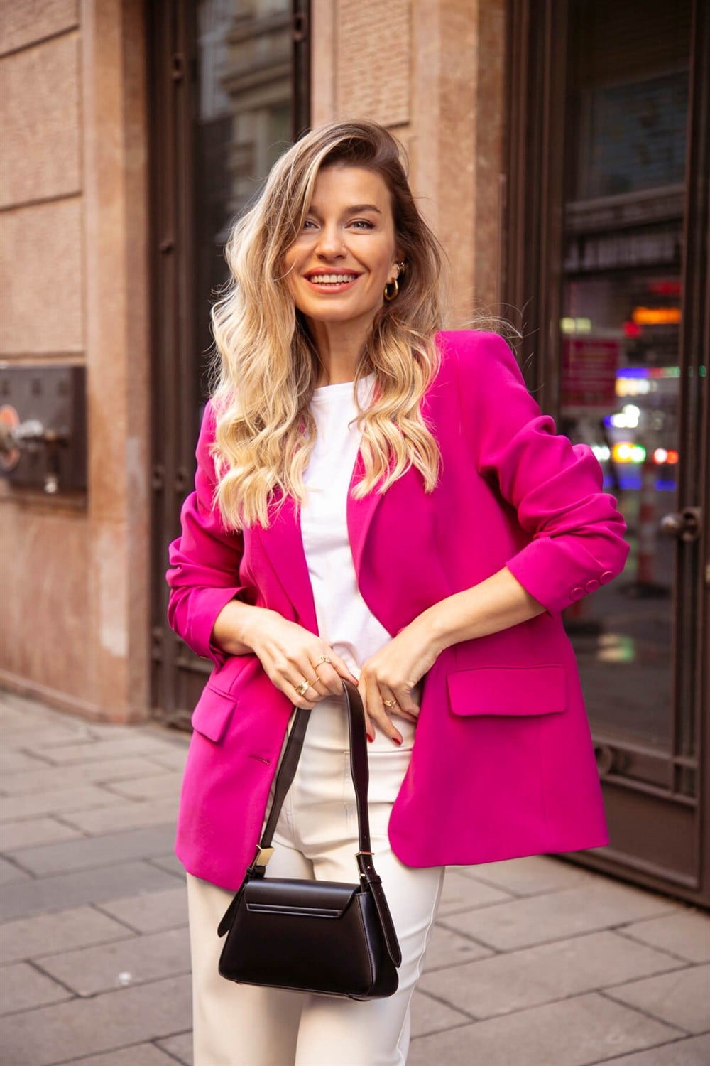 Fuşya Astarlı Vatkalı Blazer Ceket