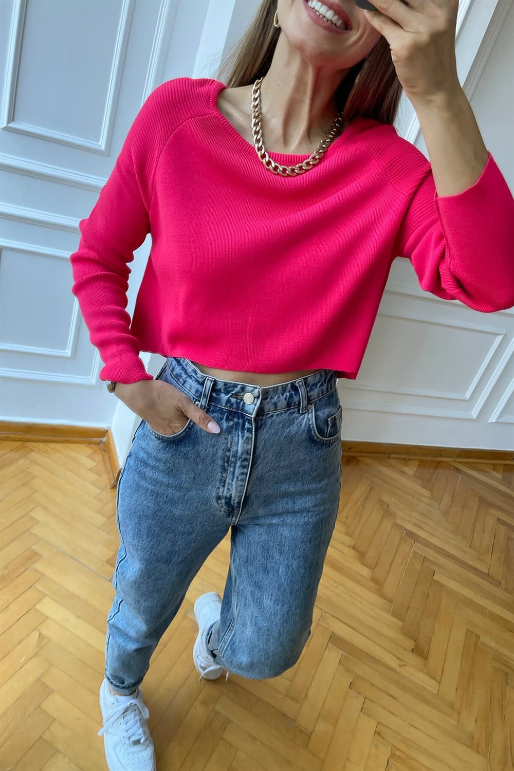 Fuşya Bisiklet Yaka Crop Kazak
