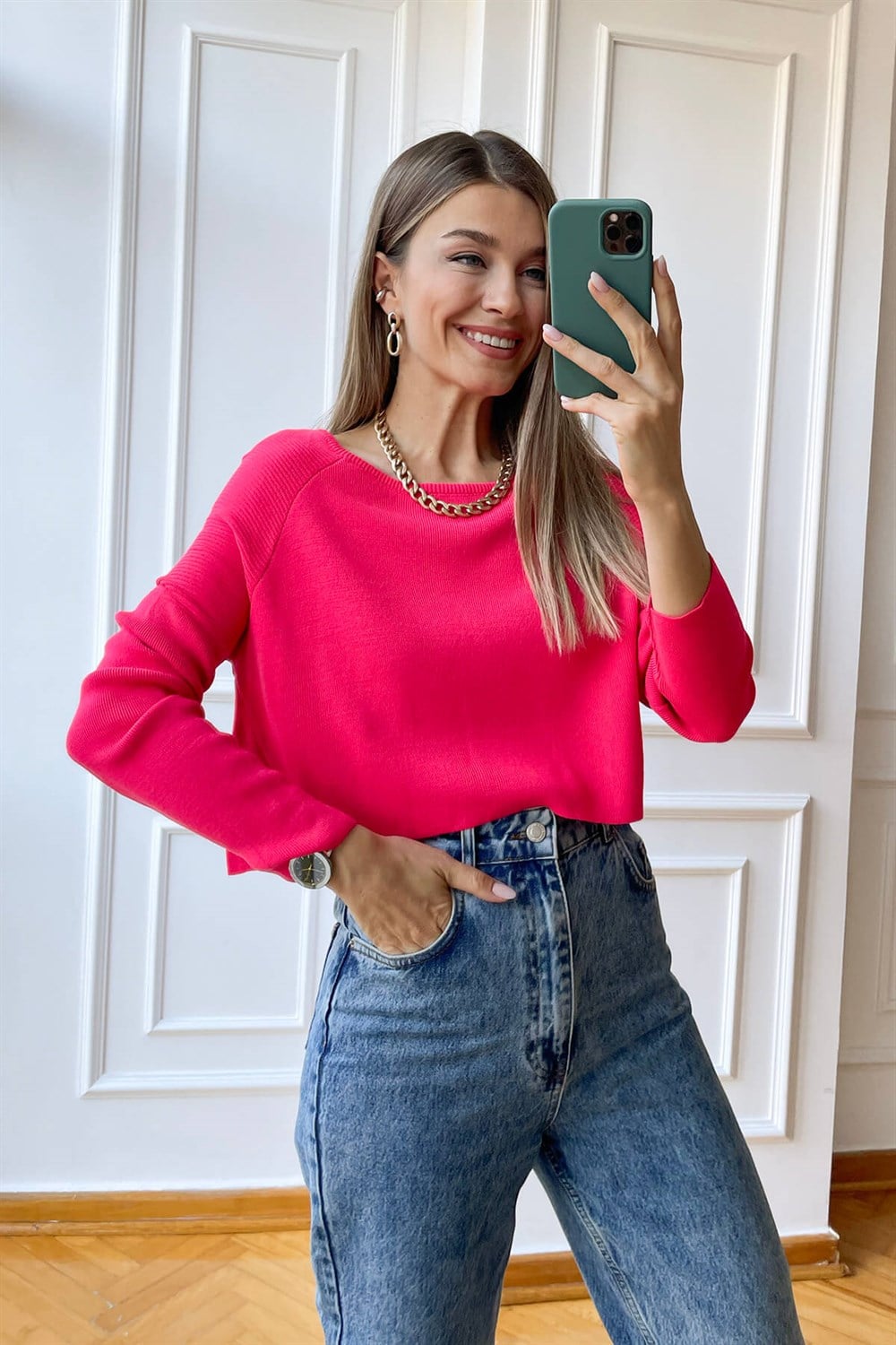 Fuşya Bisiklet Yaka Crop Kazak