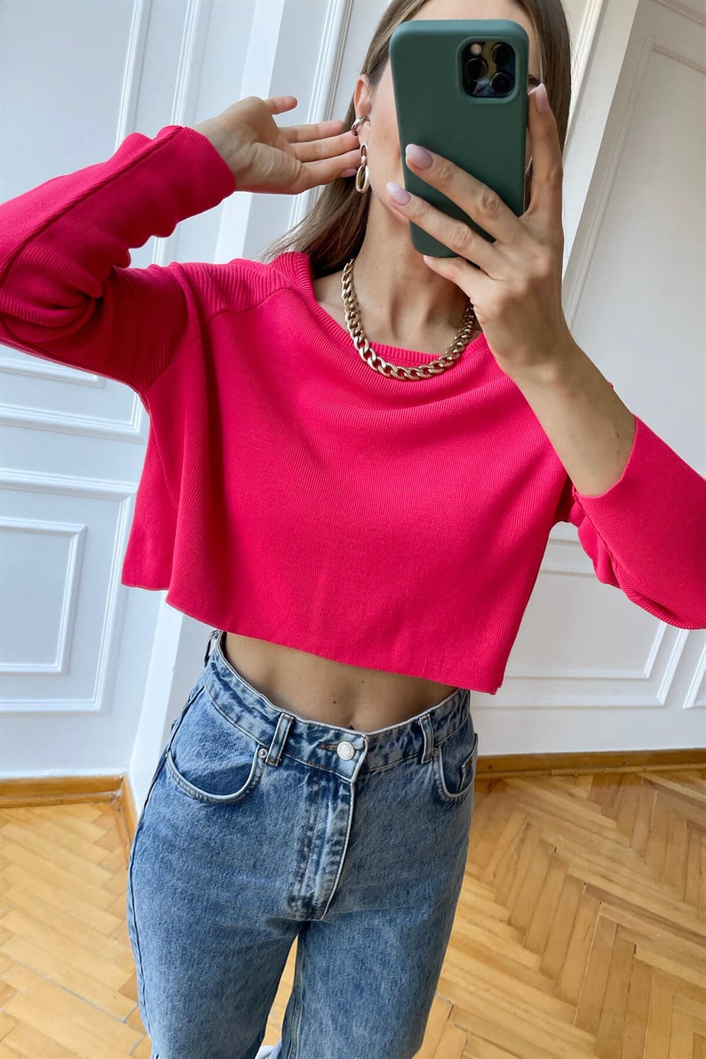 Fuşya Bisiklet Yaka Crop Kazak