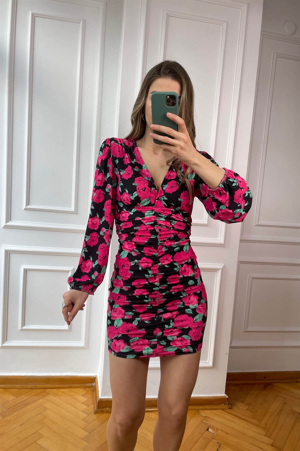 Fuşya Gül Desen Streç Drape Elbise