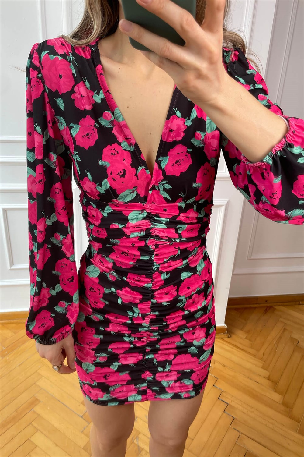Fuşya Gül Desen Streç Drape Elbise