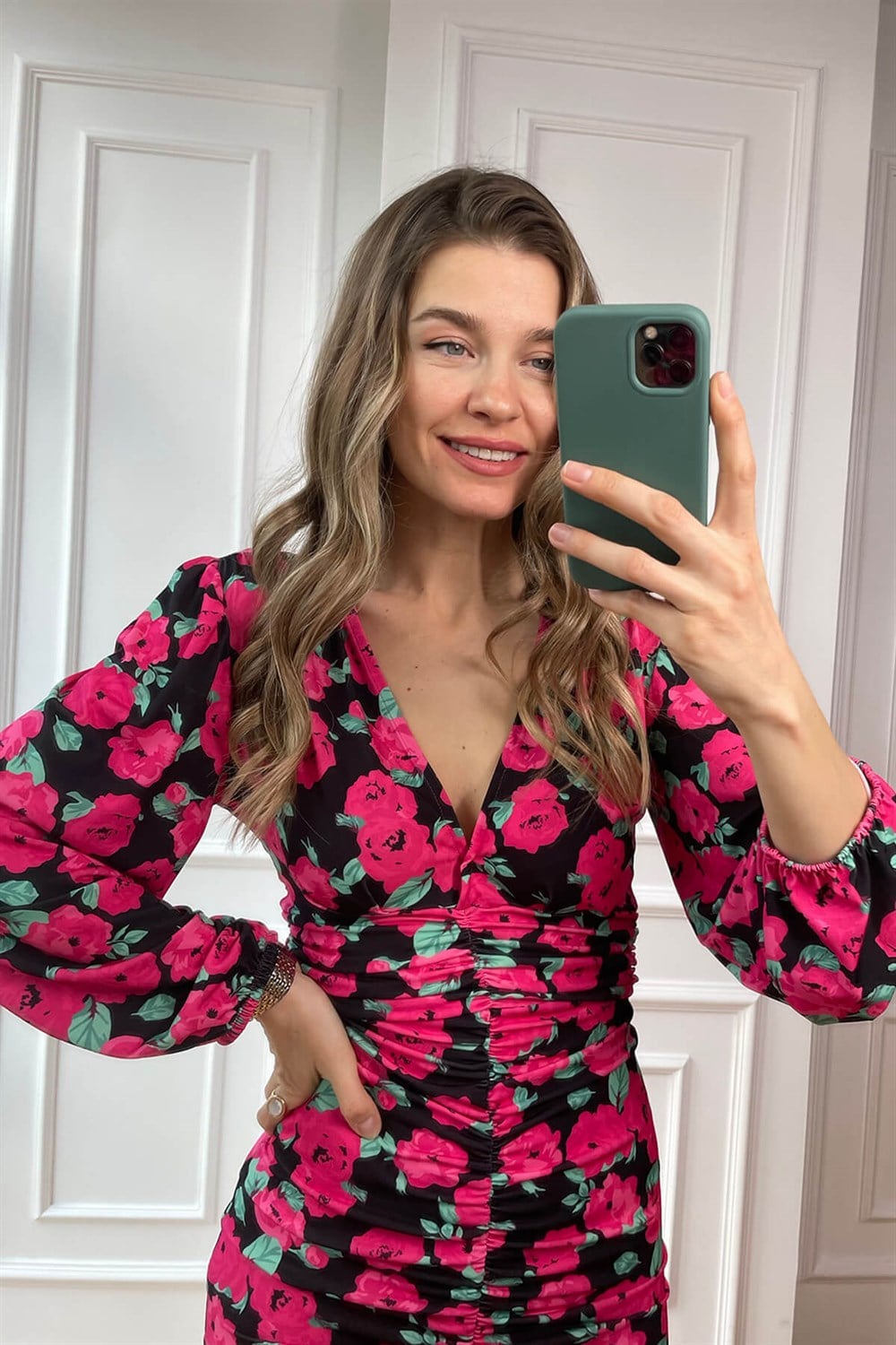 Fuşya Gül Desen Streç Drape Elbise