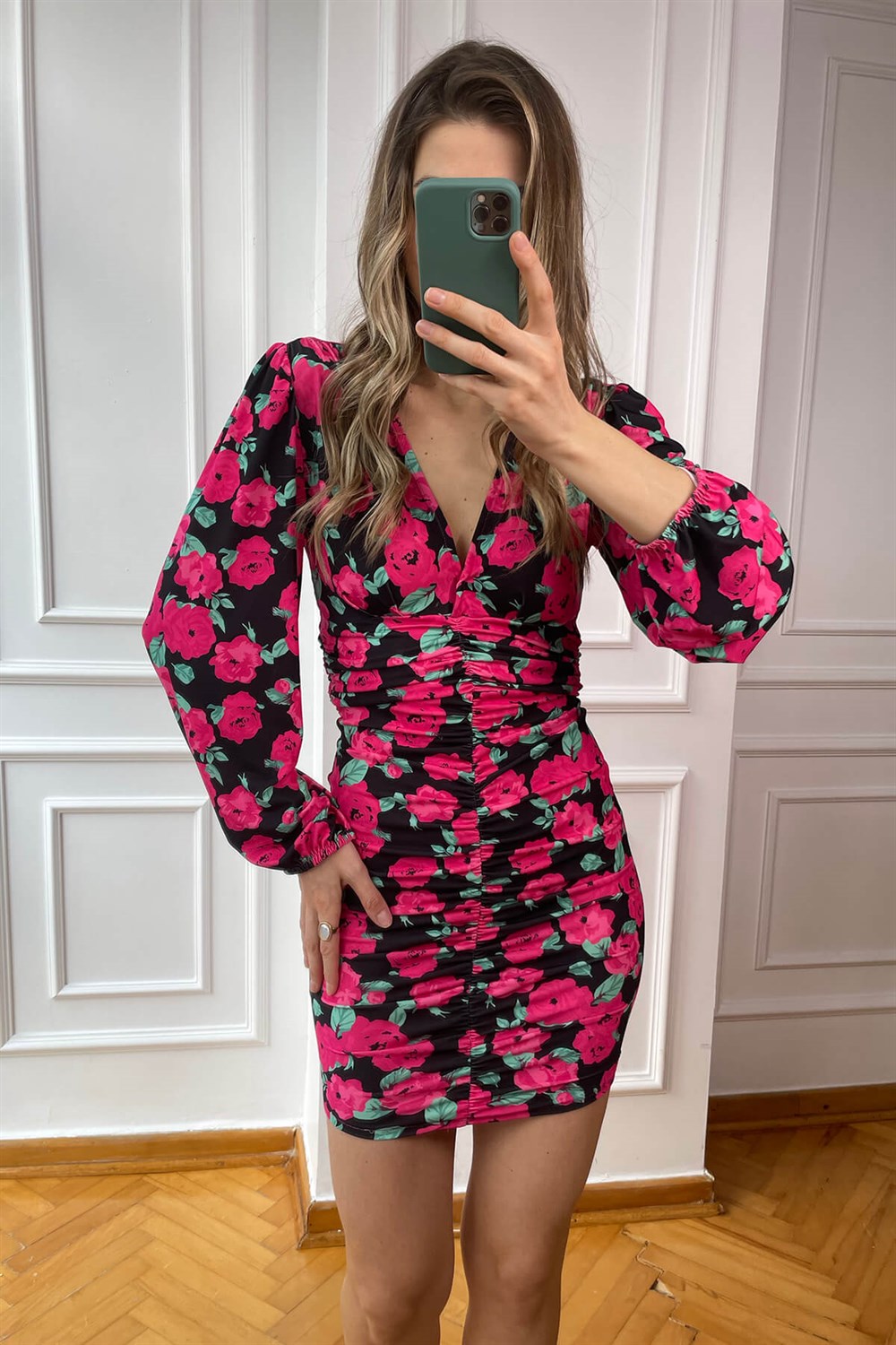 Fuşya Gül Desen Streç Drape Elbise