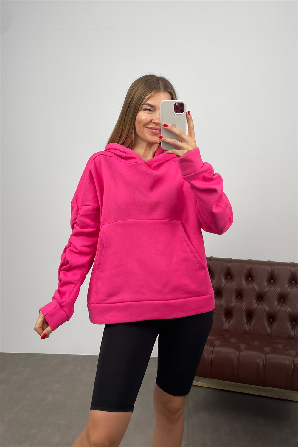 Fuşya Kolları Büzgülü Kapüşonlu Sweatshirt