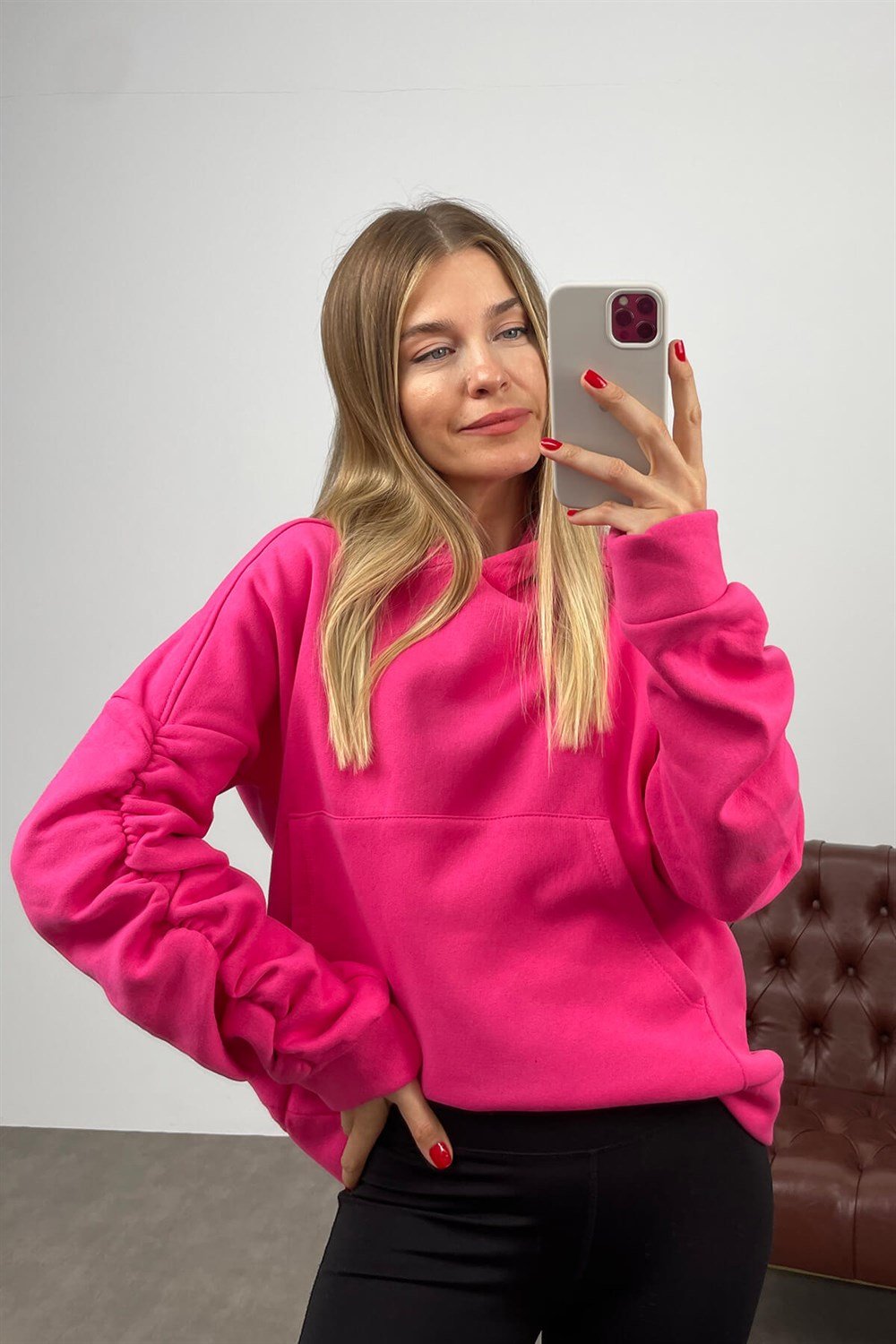 Fuşya Kolları Büzgülü Kapüşonlu Sweatshirt