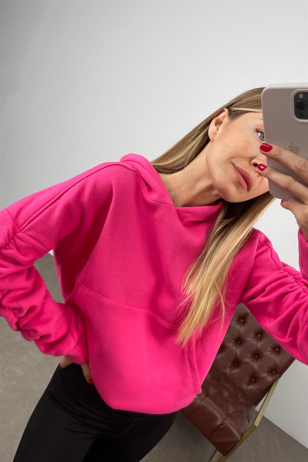 Fuşya Kolları Büzgülü Kapüşonlu Sweatshirt