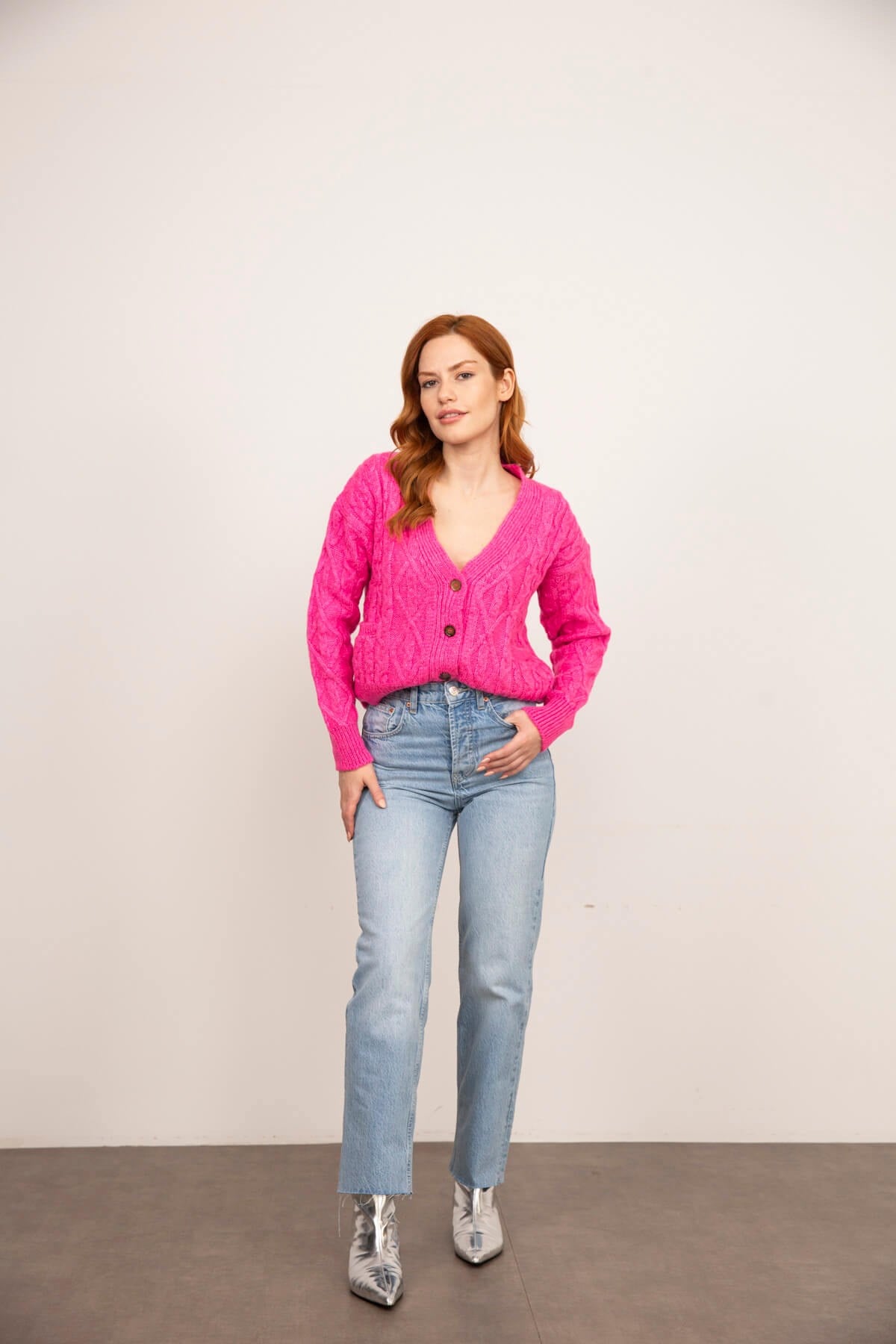 Fuşya Örgü Model V Yaka Triko Hırka