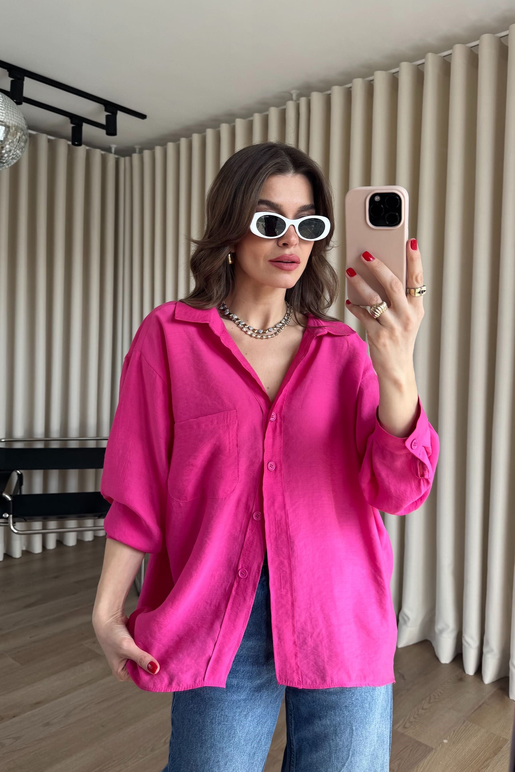 Fuşya Oversize Modal Kumaş Gömlek