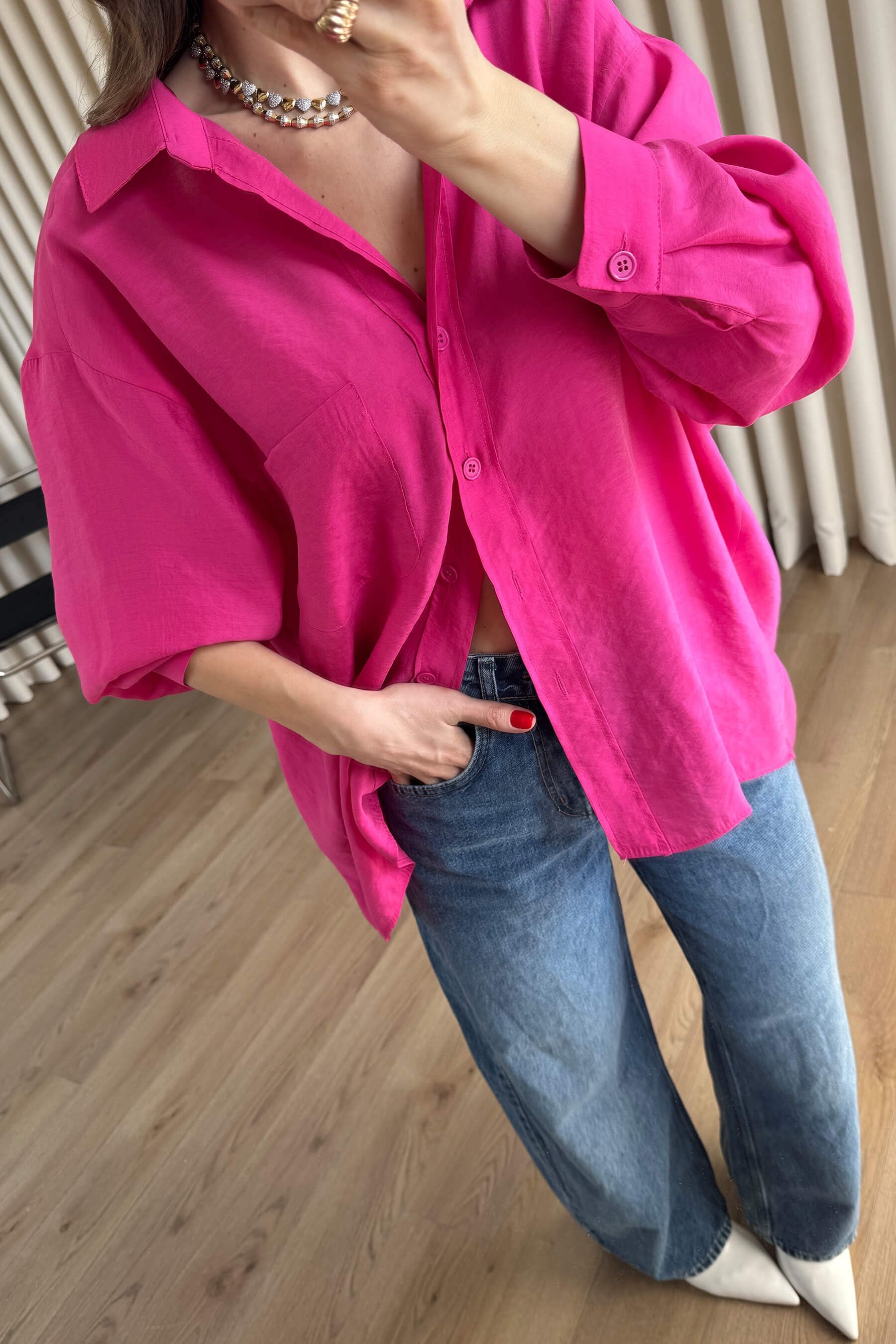 Fuşya Oversize Modal Kumaş Gömlek