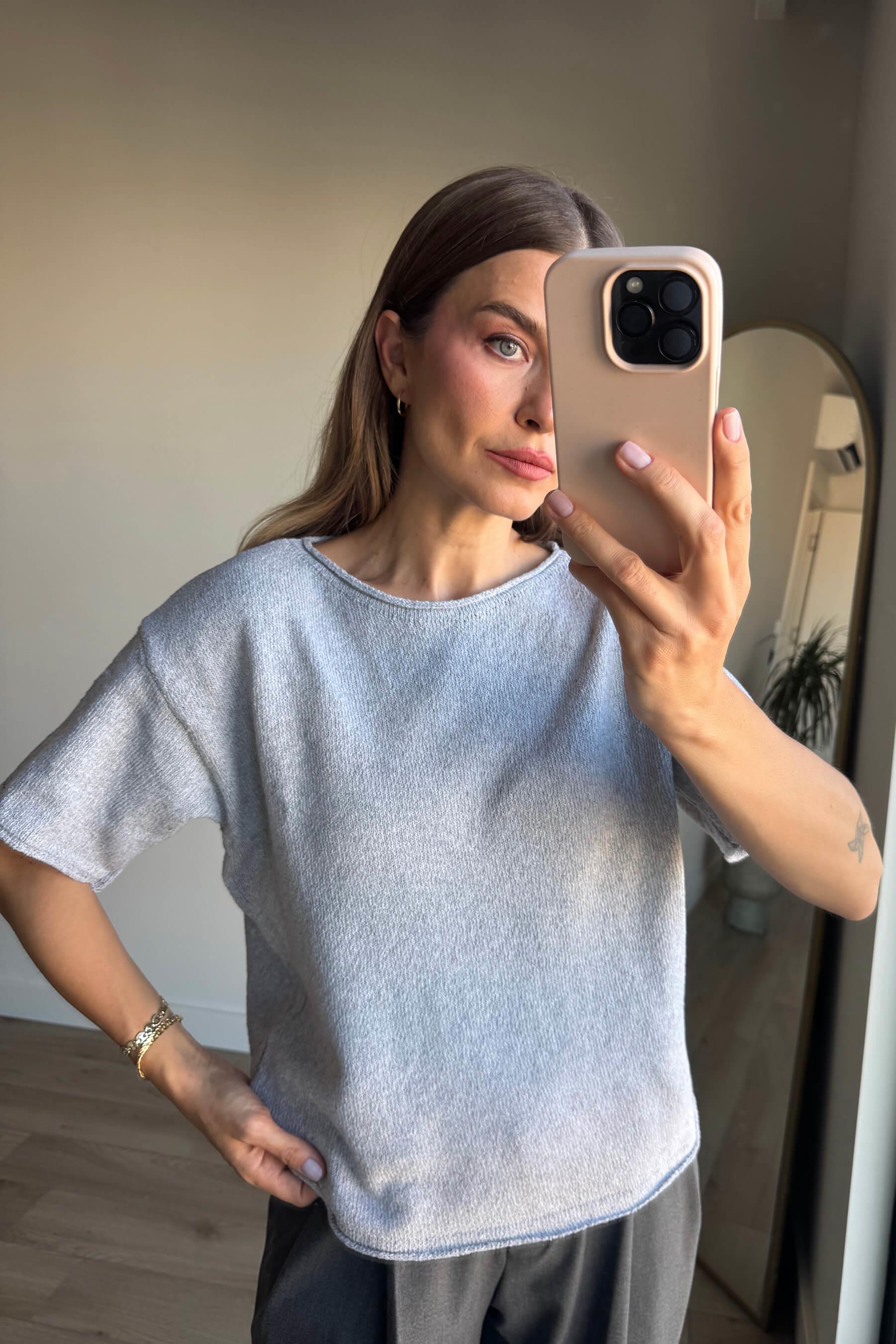 Gri Bisiklet Yaka Oversize Triko Bluz