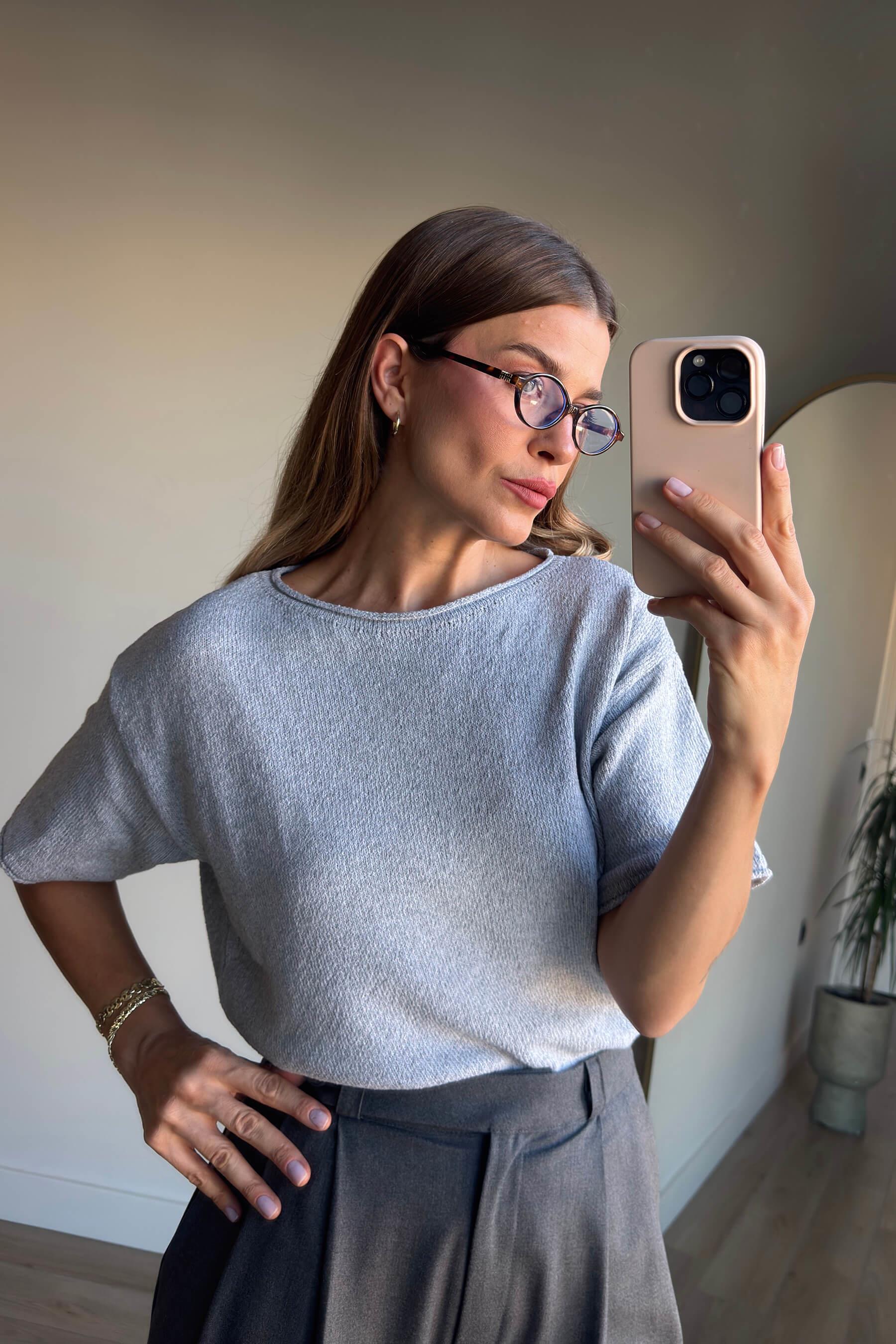 Gri Bisiklet Yaka Oversize Triko Bluz