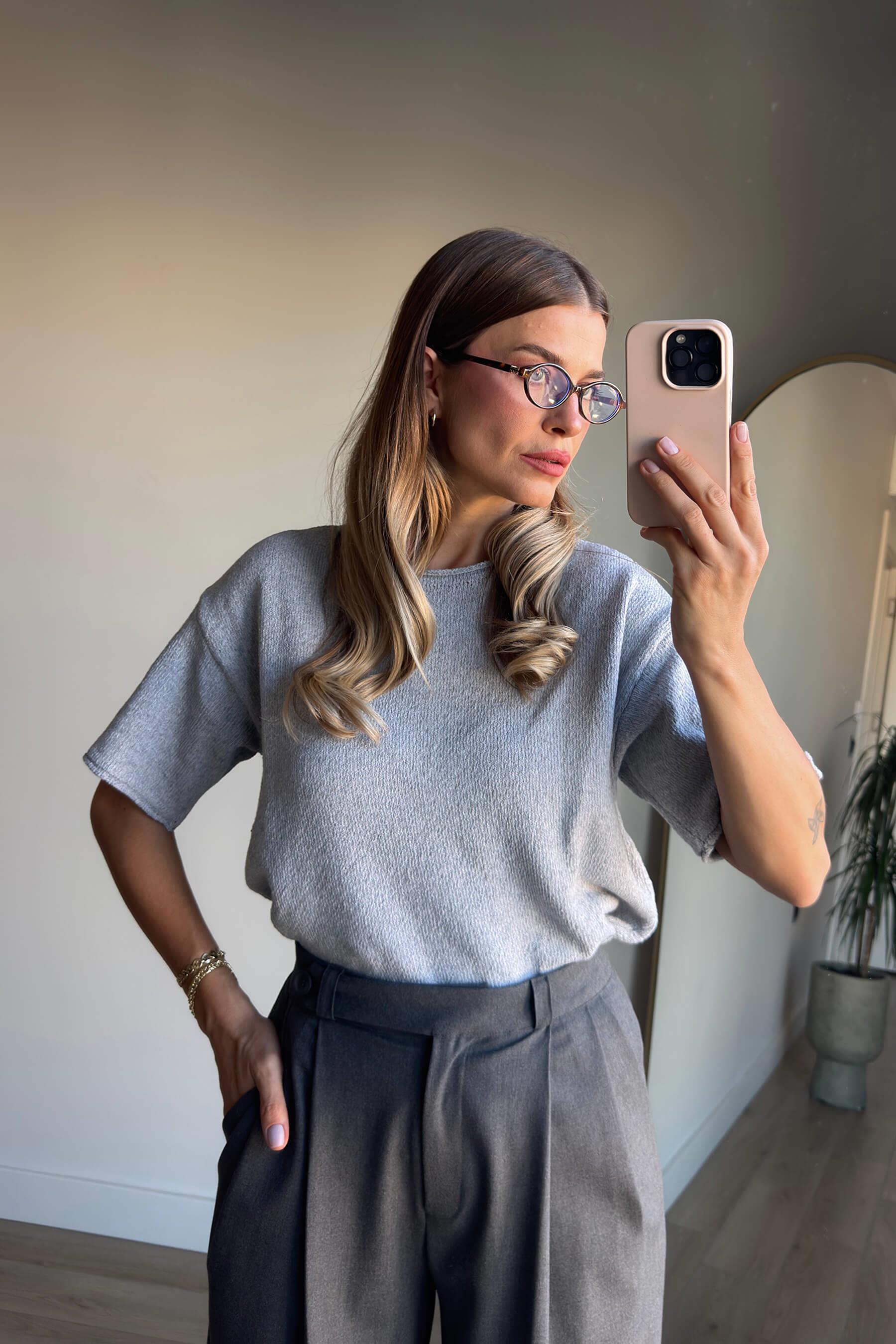 Gri Bisiklet Yaka Oversize Triko Bluz