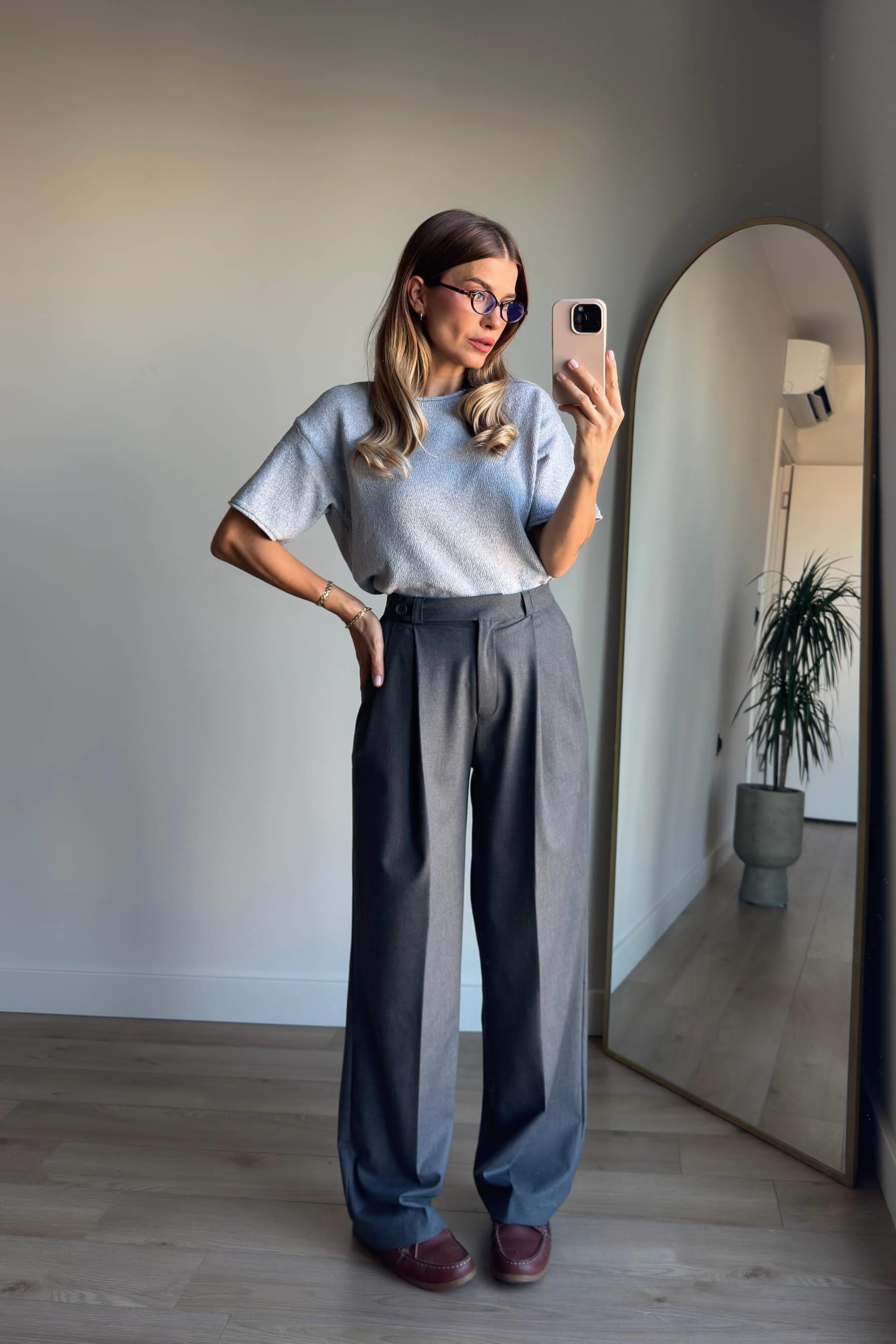 Gri Bisiklet Yaka Oversize Triko Bluz