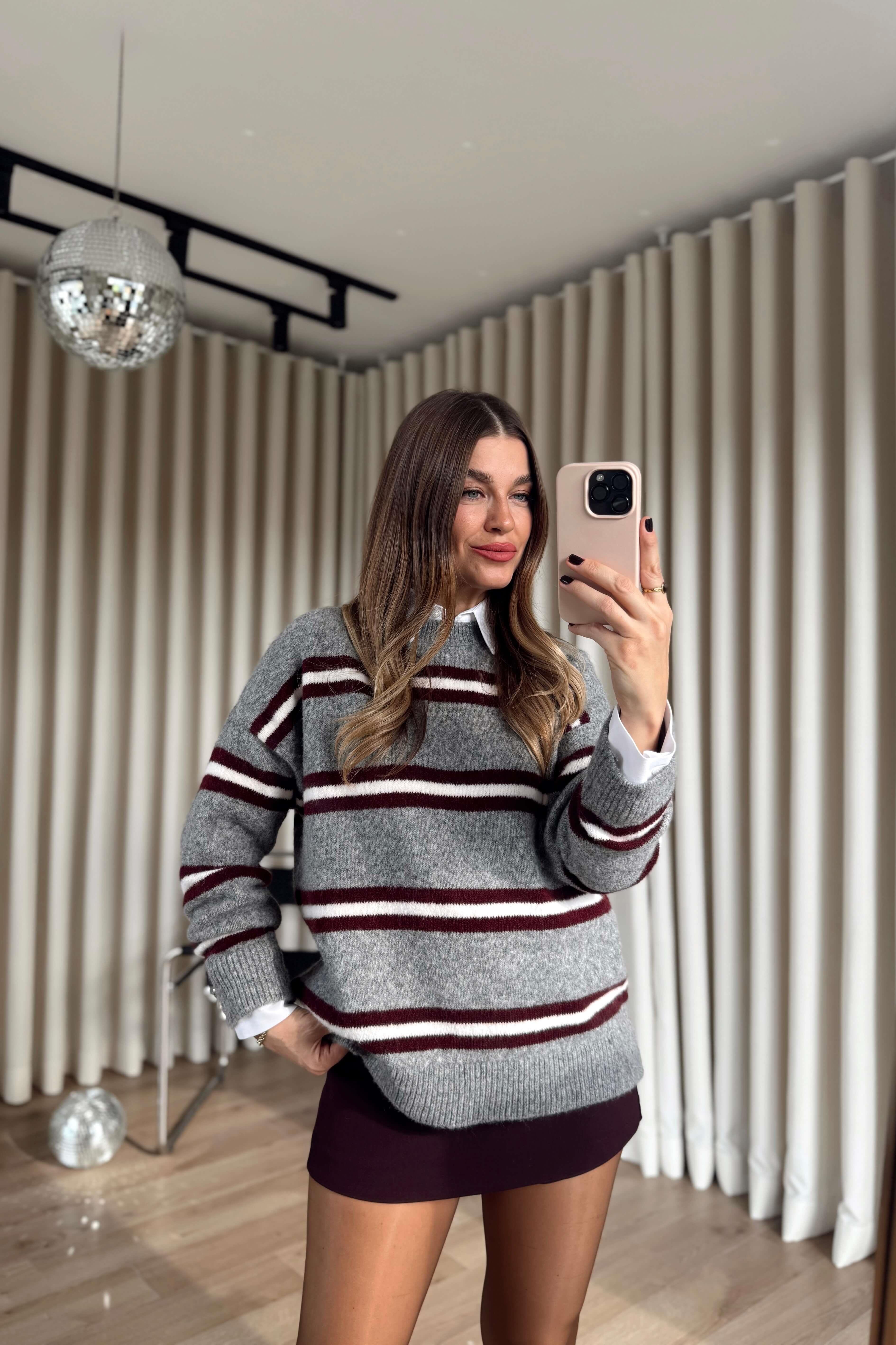 Gri Bordo Şeritli Oversize Yün Dokulu Kazak