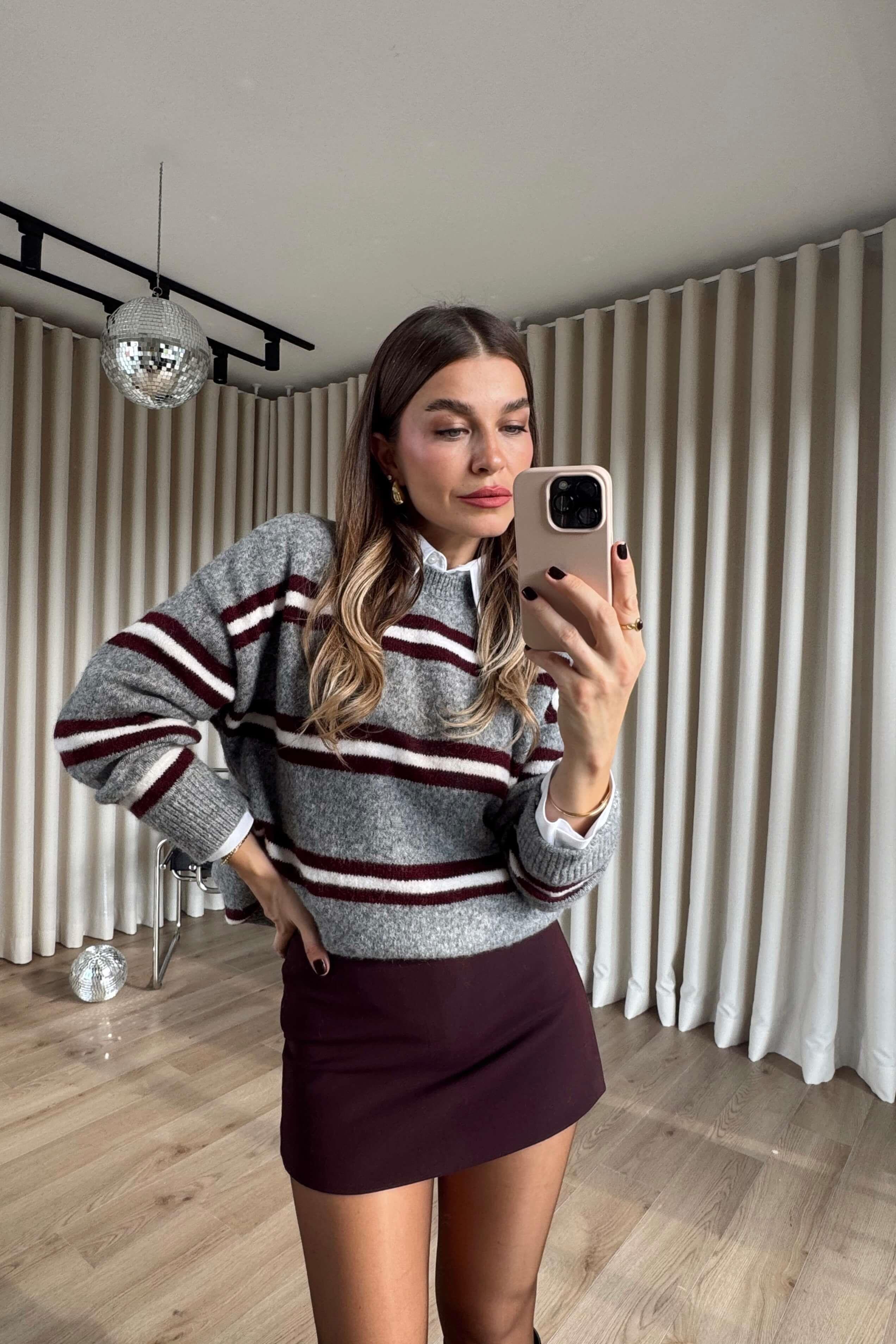 Gri Bordo Şeritli Oversize Yün Dokulu Kazak