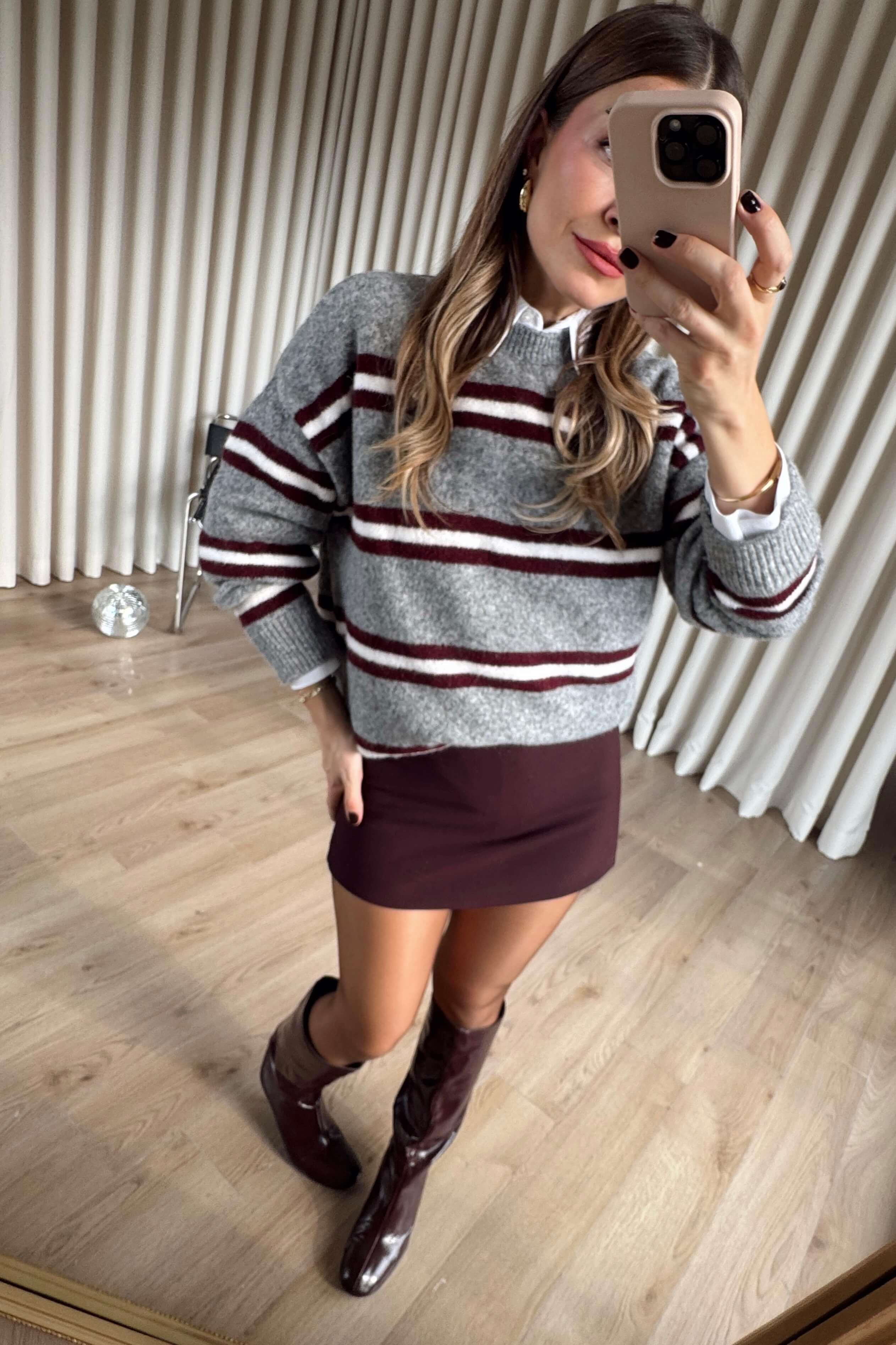 Gri Bordo Şeritli Oversize Yün Dokulu Kazak