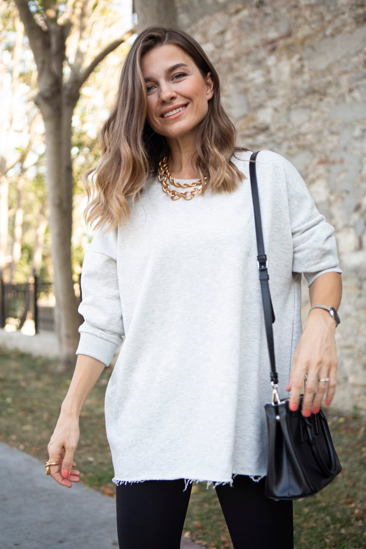Gri Dikişsiz Bisiklet Yaka Sweatshirt