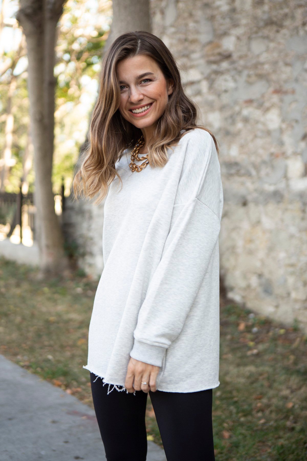 Gri Dikişsiz Bisiklet Yaka Sweatshirt