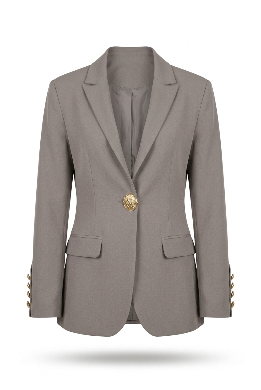 Gri Gold Rose Düğme Detaylı Hakim Yaka Blazer Ceket