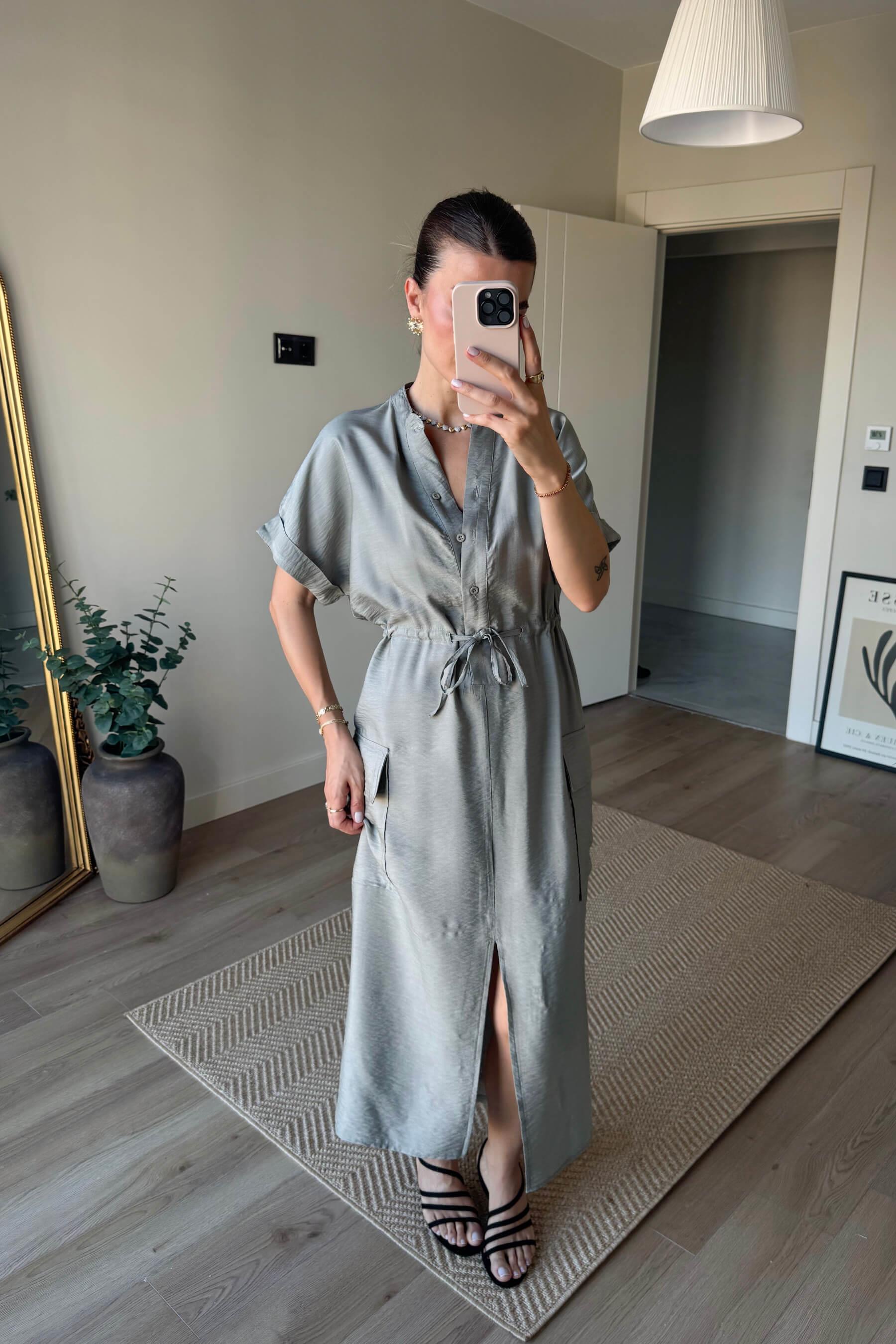 Gri Haki Hakim Yaka Beli Bağcıklı Yırtmaçlı Gömlek Elbise