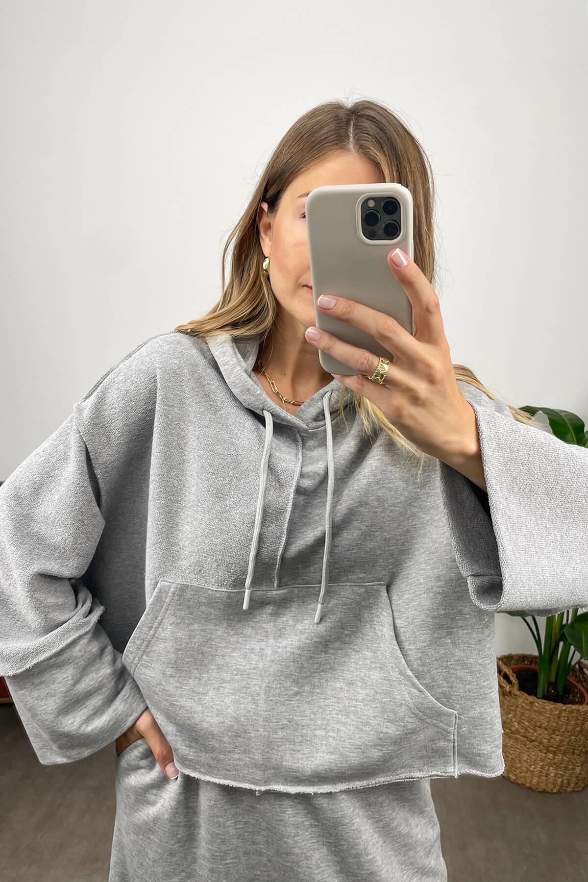 Gri Kapüşonlu Sweat Etek Takım